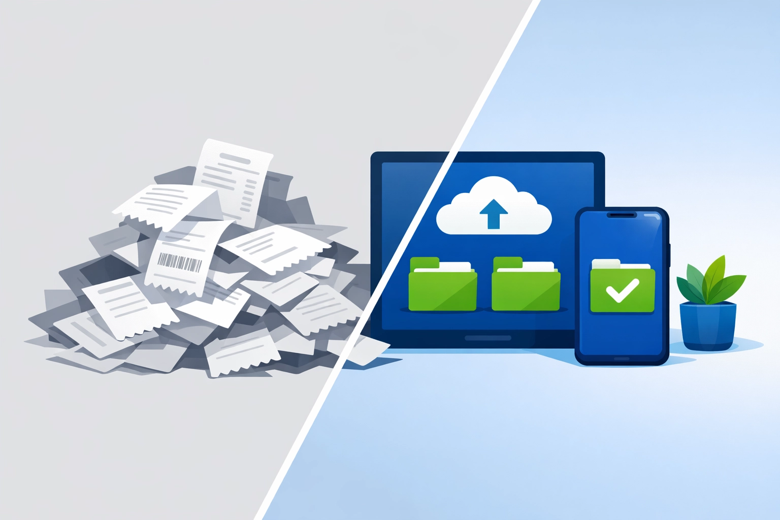 Illustration contrasting cluttered paper receipts with organized digital tax records for New Haven small businesses.