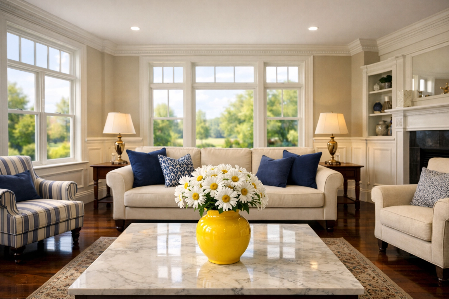 Professionally cleaned colonial living room in Acton MA with polished hardwood floors and navy accents.