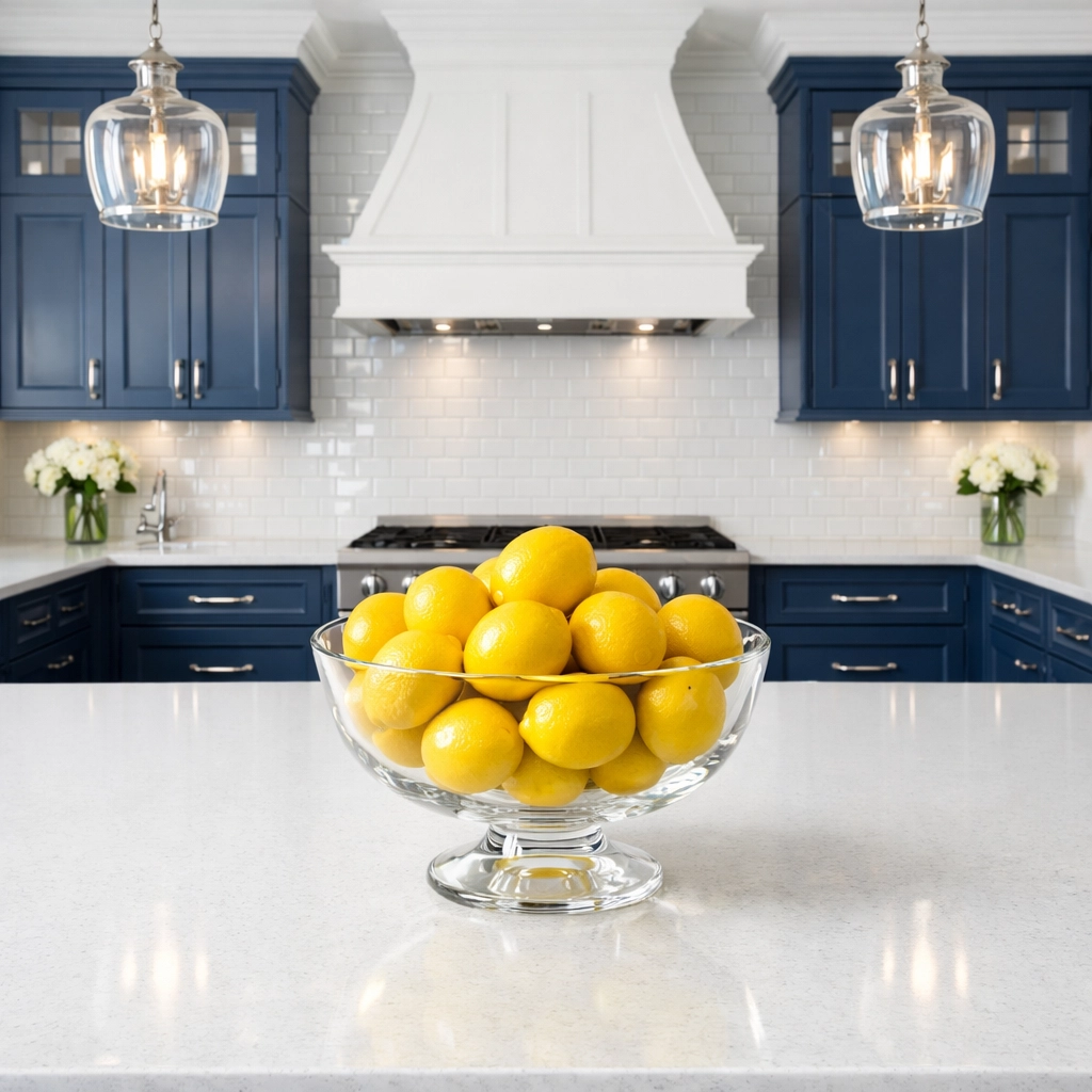 A pristine white kitchen island and blue cabinetry showing the results of professional house cleaning Needham MA.