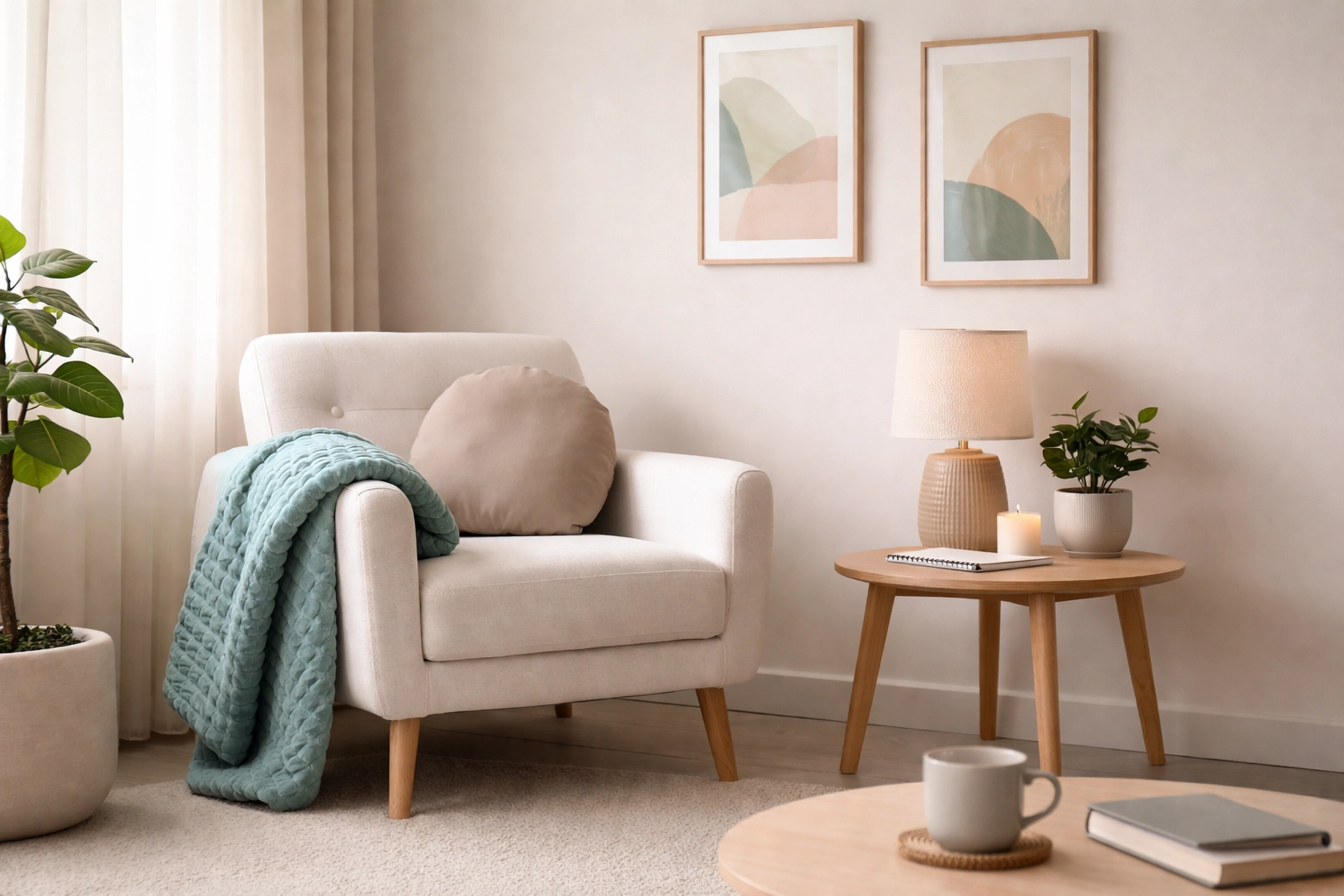 An inviting, soft-lit therapy room corner with a comfortable chair, a weighted blanket, and a small potted plant on a side table. No people.