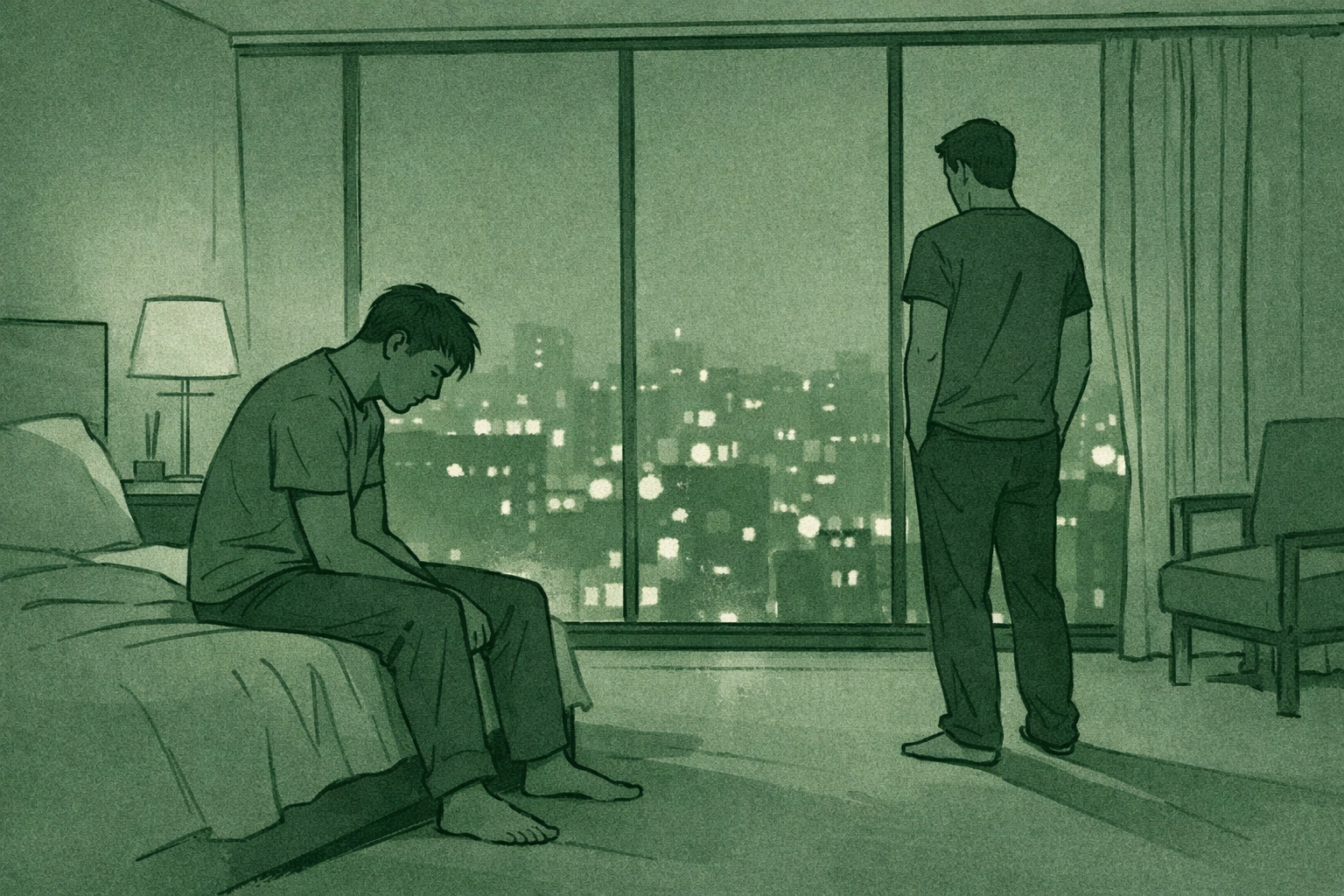 Two men in hotel room at night showing vulnerability and unspoken connection in gay romance story