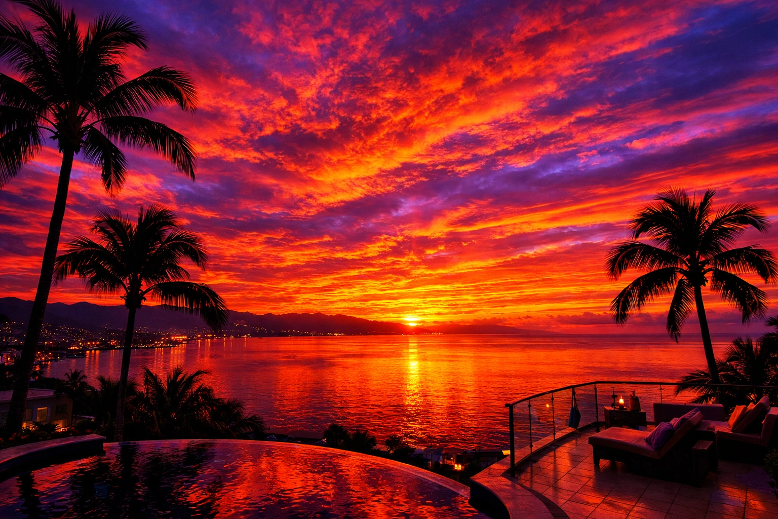 Stunning sunset over Banderas Bay viewed from elevated Amapas condo terrace