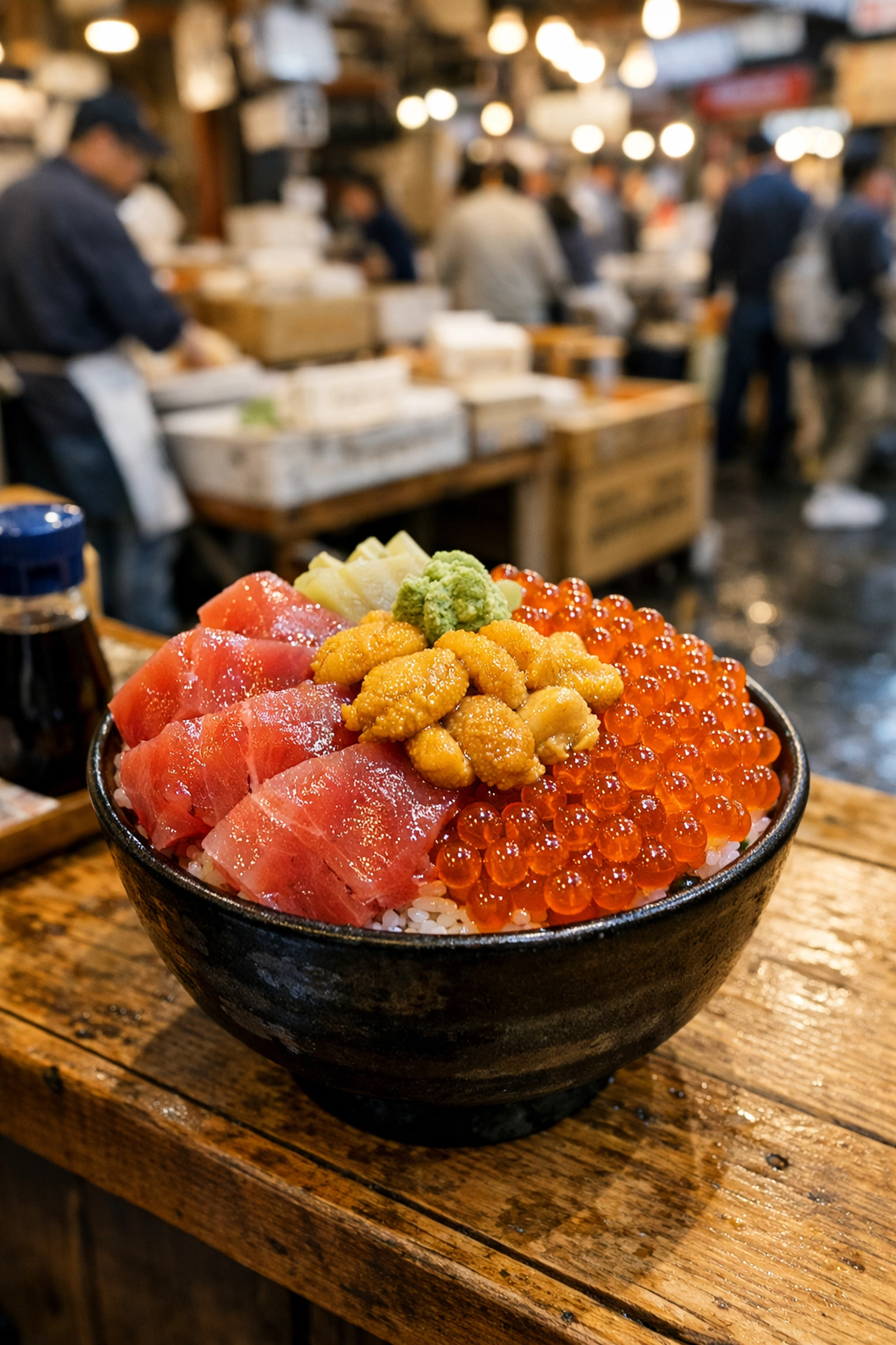 7 Mistakes You’re Making With Tokyo Food (And How to Fix Your Inner Foodie) 4 Premium kaisendon seafood bowl at Tsukiji Outer Market, featuring fresh tuna and uni in Tokyo.