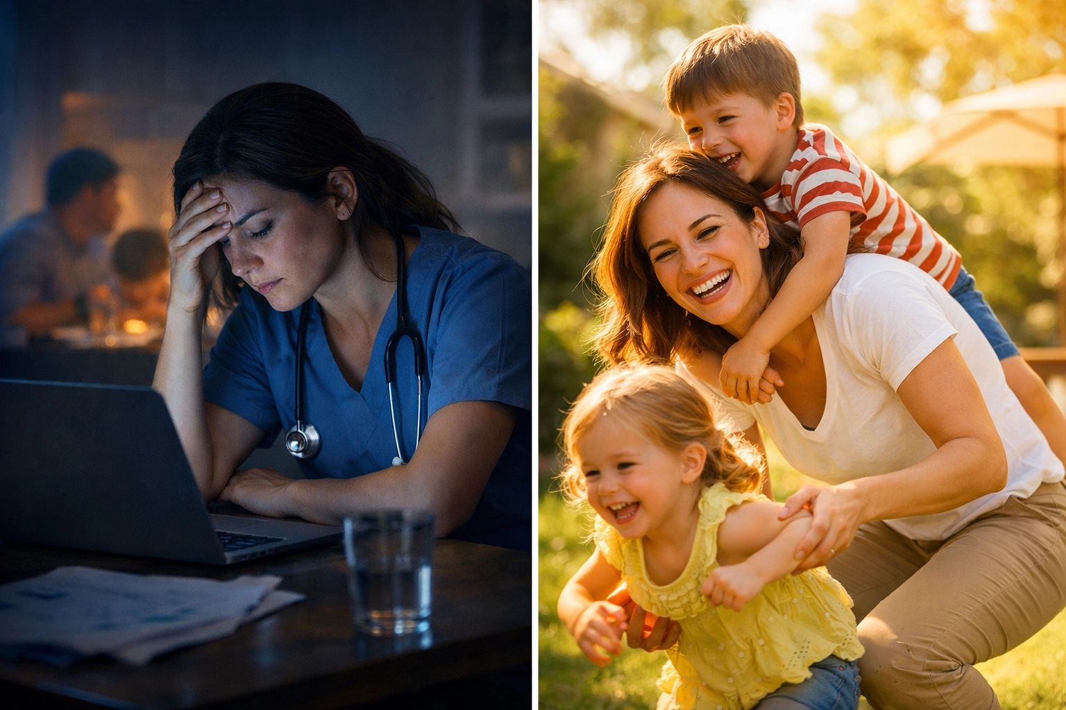 Physician burnout comparison: stressed doctor working late versus relaxed time with family