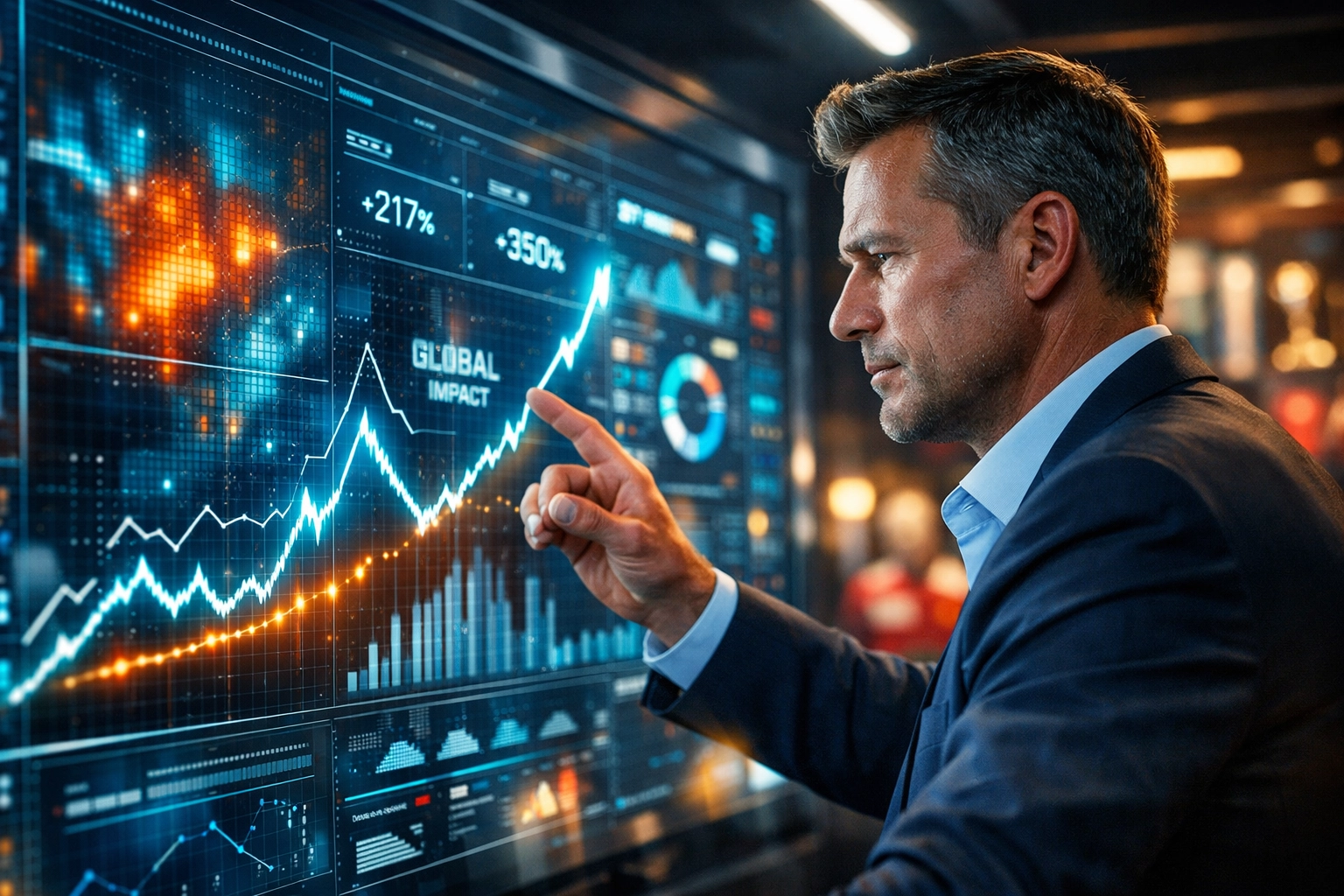 Marketing executive analyzing real-time ROI and fan sentiment data on a high-tech digital dashboard.