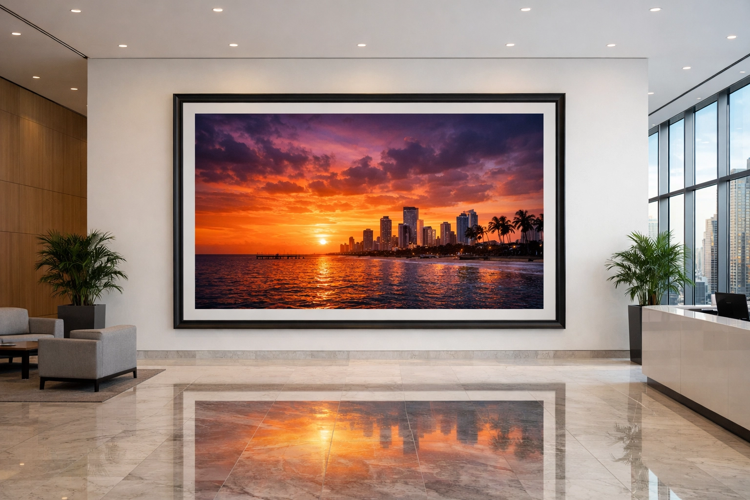 A modern corporate lobby in Miami featuring a large fine art photography print of a vibrant ocean sunset.