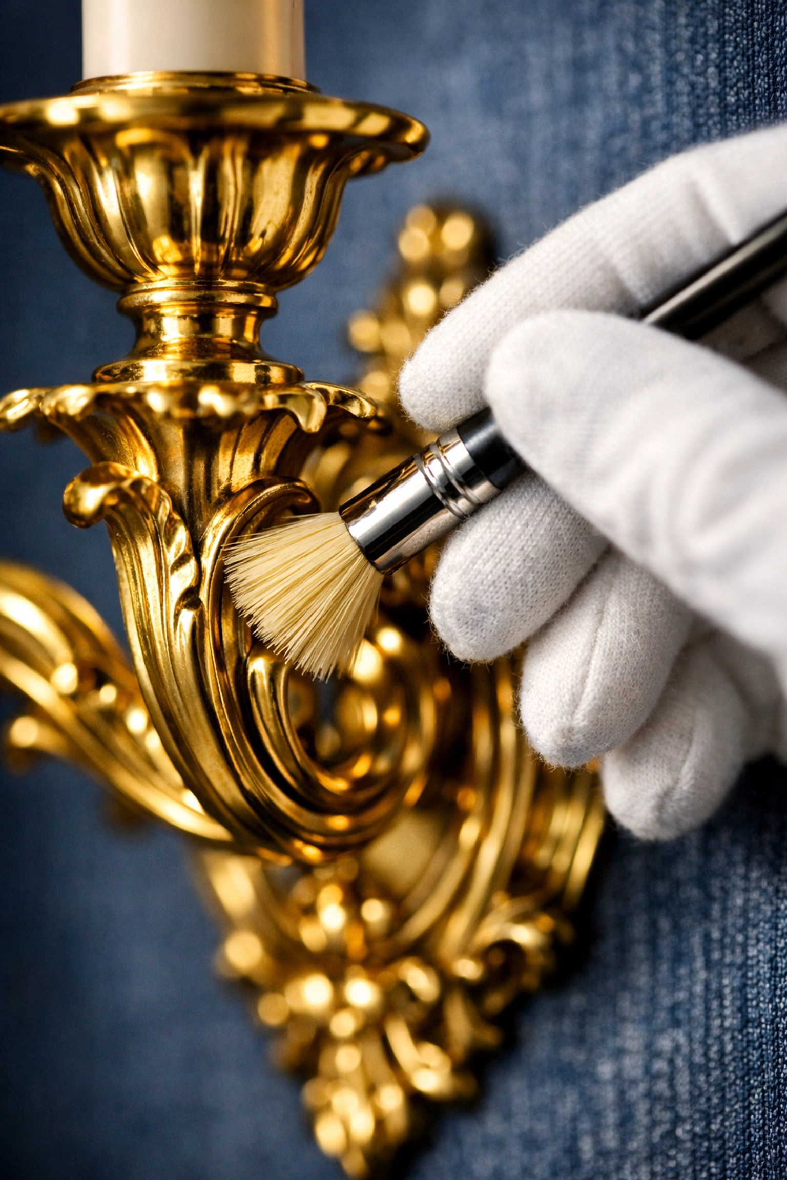 Using a soft brush and cotton glove to gently remove dust from the intricate details of a brass wall sconce.