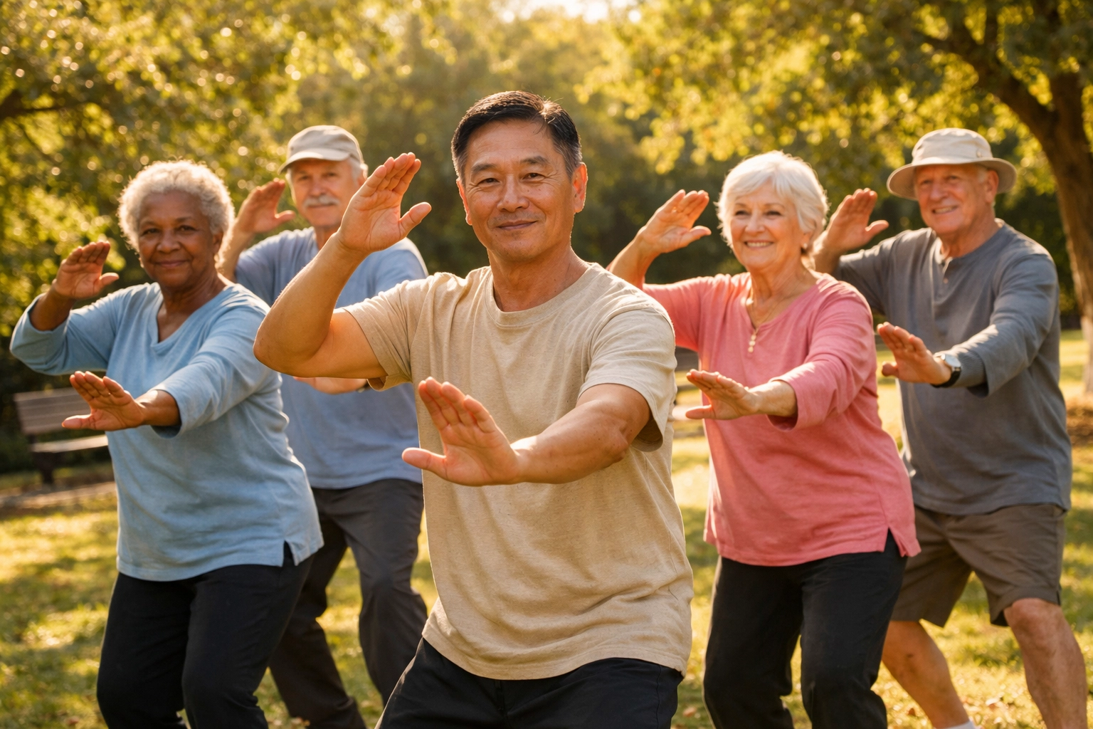Group of seniors practicing Tai Chi exercises in a park to improve stability and prevent falls.