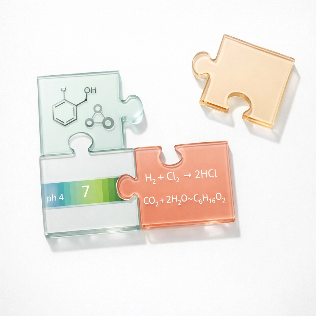 Chemistry puzzle pieces showing molecular structures, pH scales, and equations fitting together