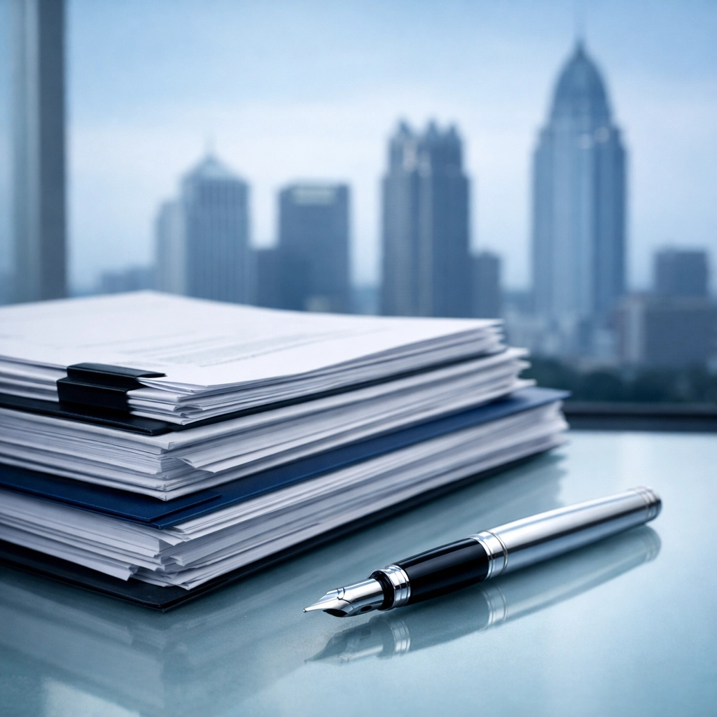 Organized business sale documents and a pen with a blurred Alabama city skyline background for legal review.