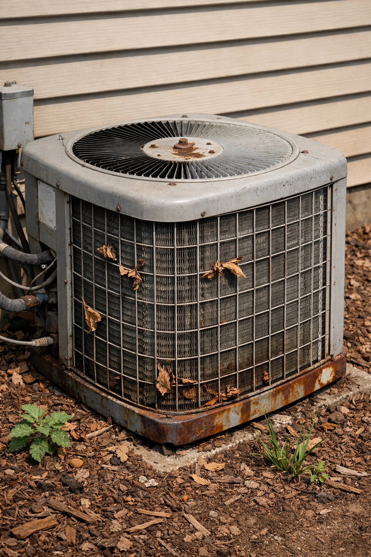 Close-up of a rusted HVAC unit illustrating why a Nashville home might need to be sold as-is for cash.