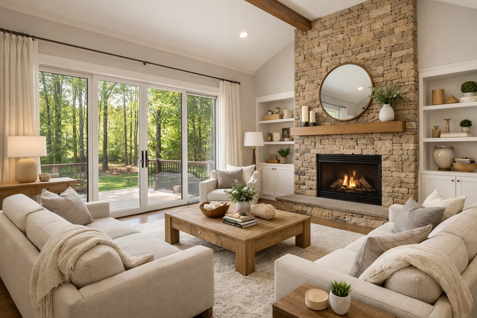 Bright, modern living room with a stone fireplace and view of a private Triad NC backyard.