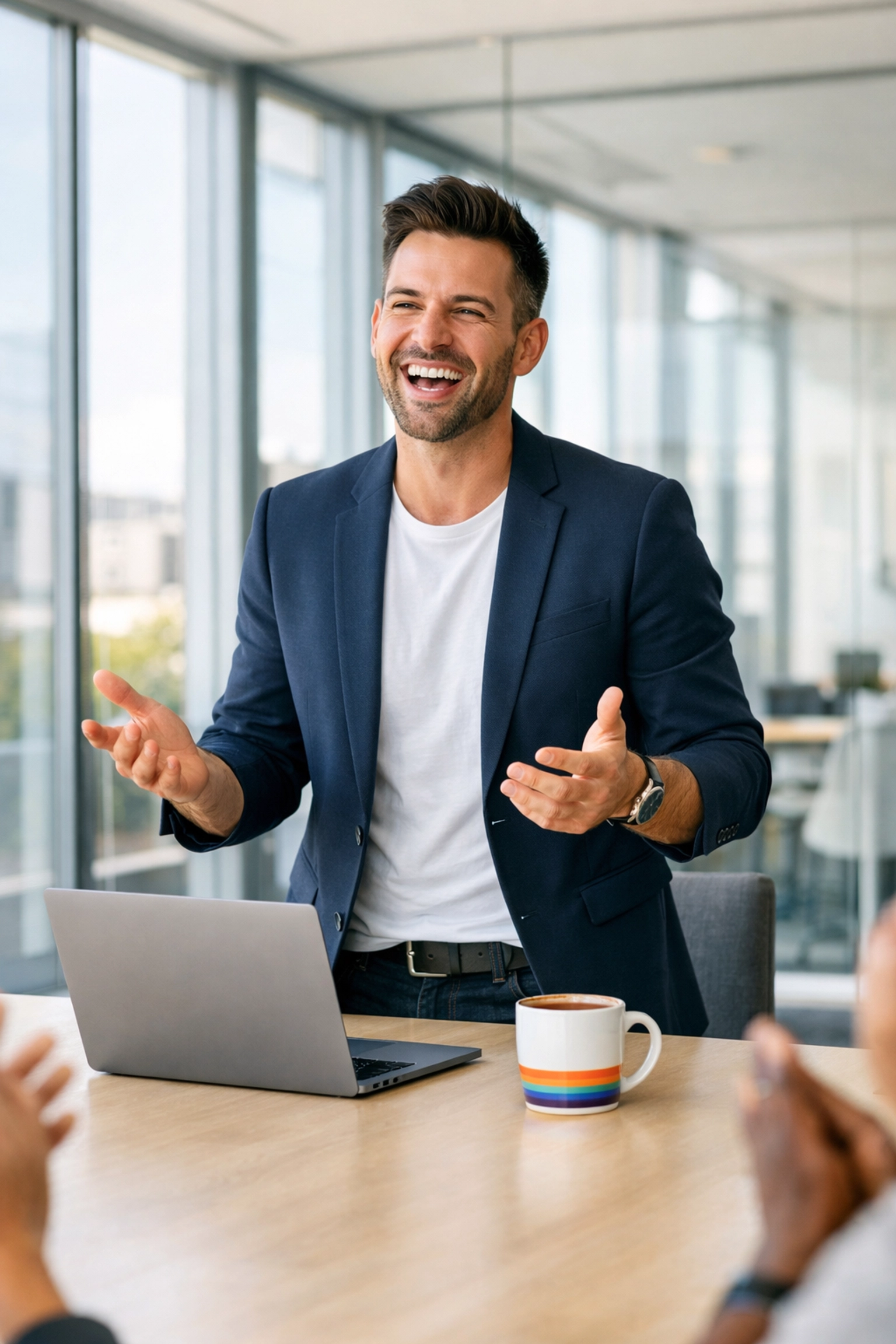 Confident gay leader leading a team meeting, representing authentic queer leadership and workplace success.