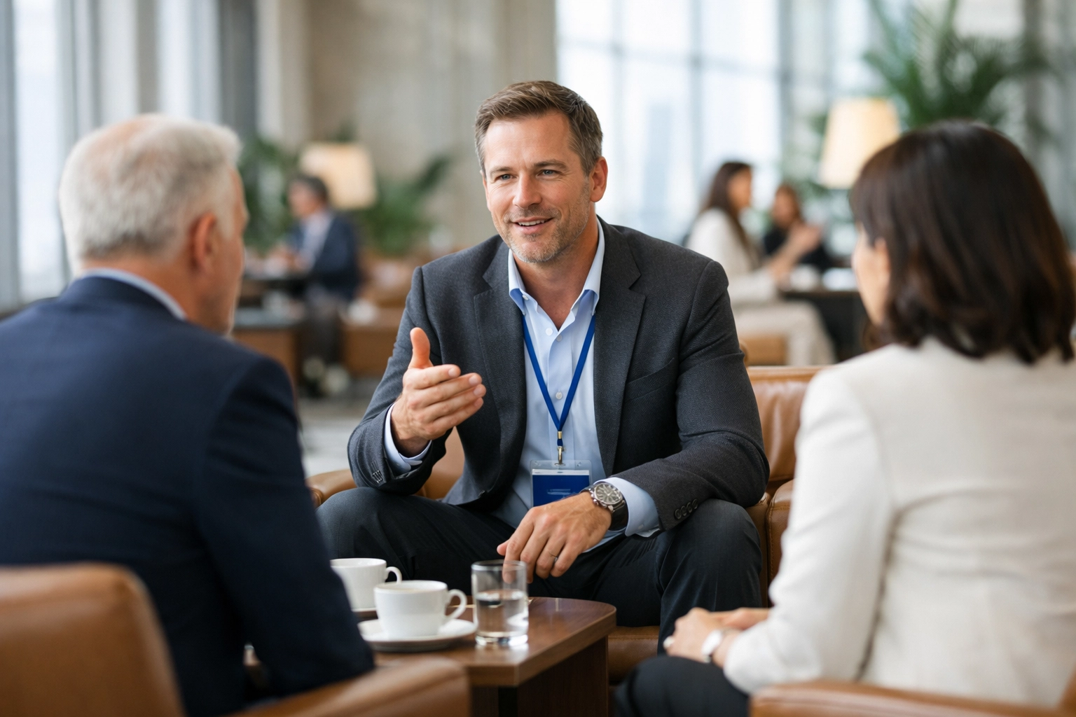 Professional business networking and thought leadership in a VIP executive lounge.