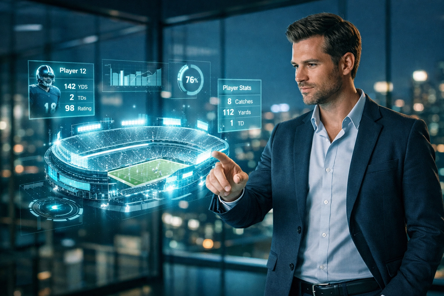 Professional interacting with an AR football stadium hologram and sports data in a high-tech office.