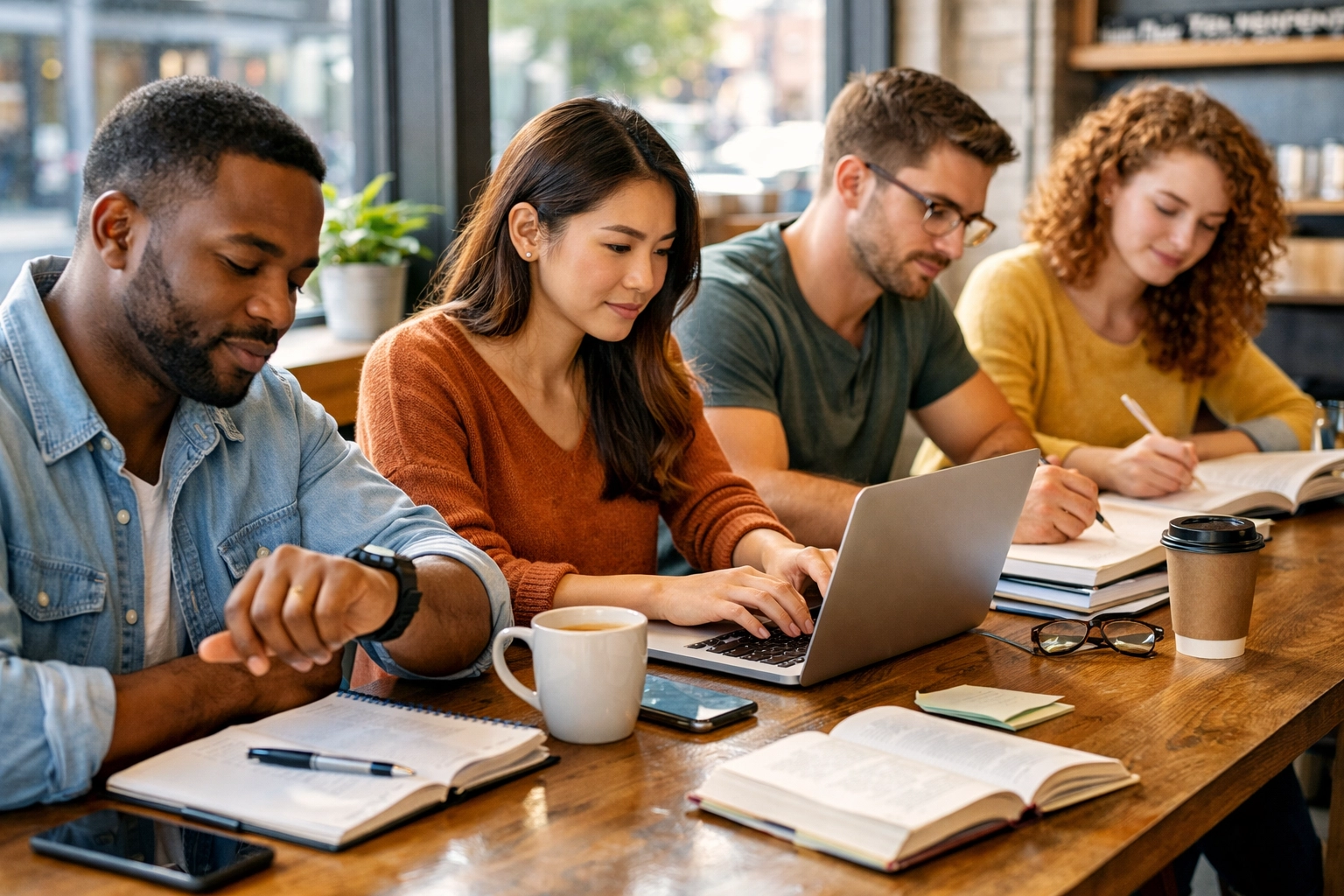 Busy adults studying for DSST exams together at coffee shop with laptops and study materials (1x1, center safe zone)