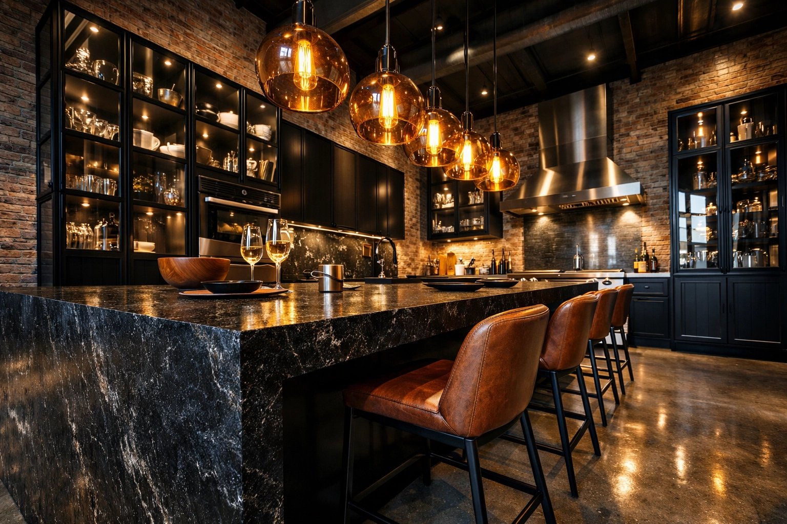 Industrial kitchen visualization with brick walls and glass cabinets showing high-end interior design detail.