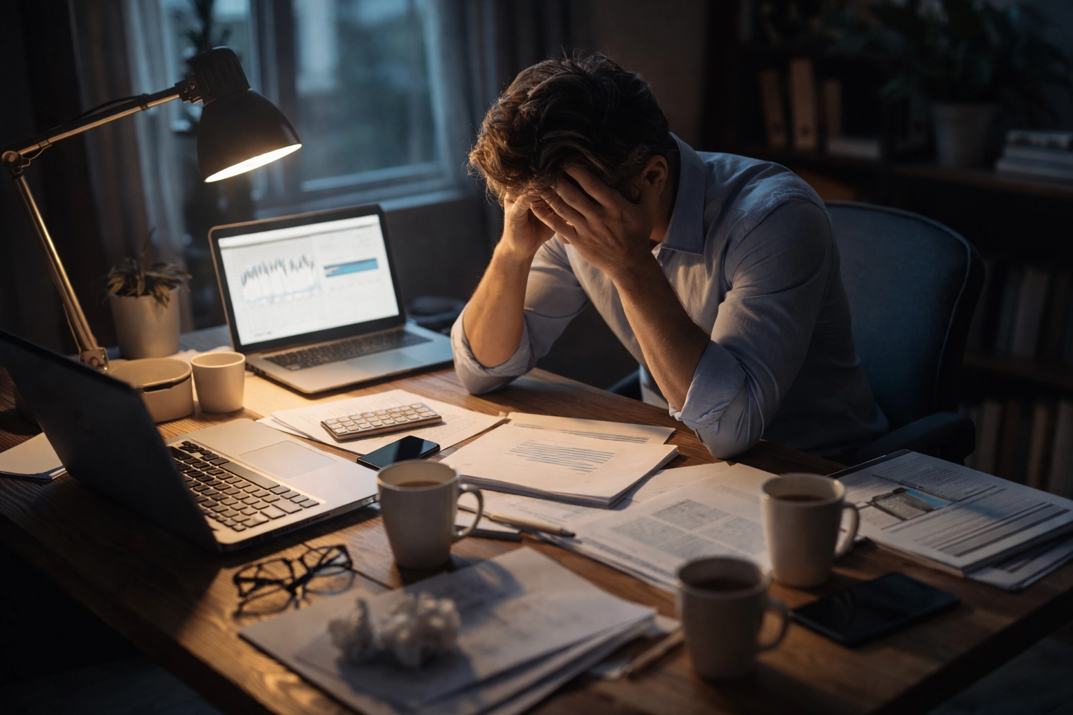 Exhausted founder at a cluttered desk showing burnout and loss of purpose in a startup environment