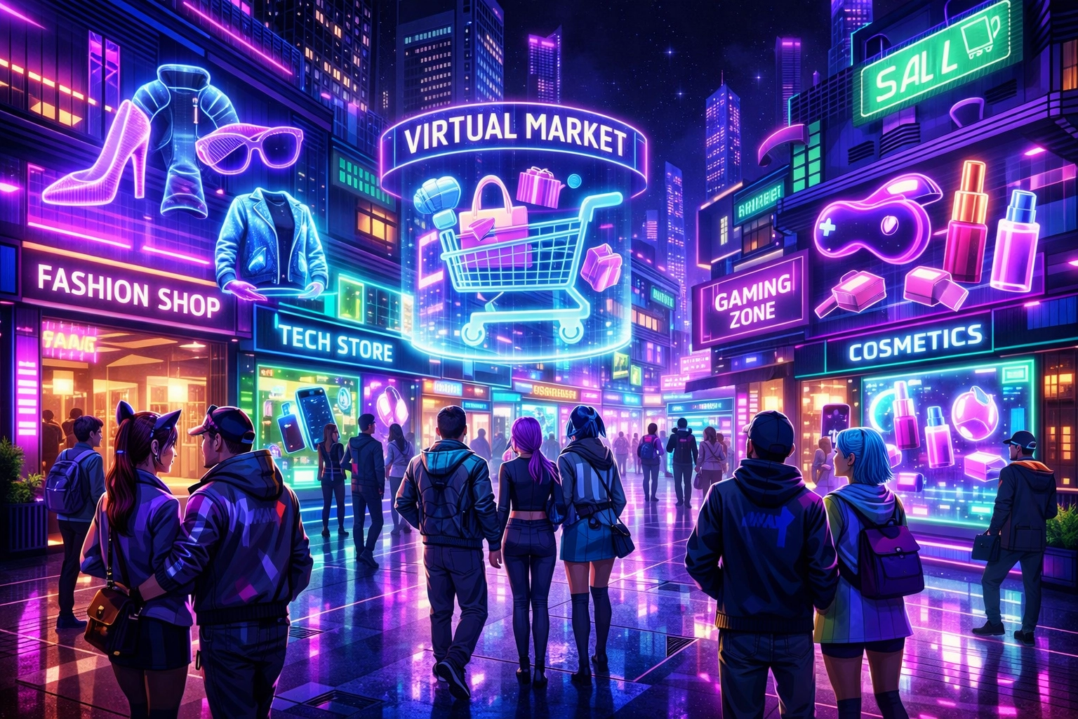 Vibrant metaverse shopping district with virtual storefronts and avatar customers browsing digital stores
