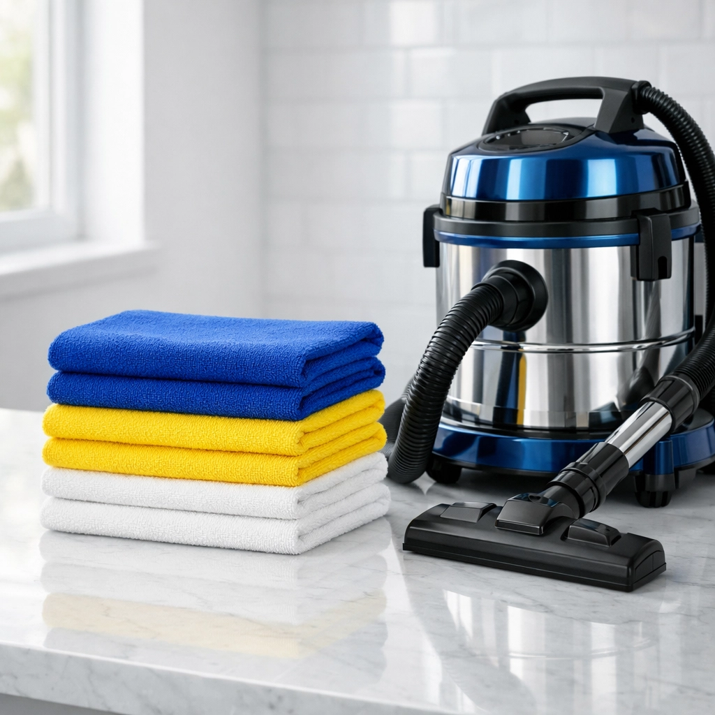 Neat stack of microfiber cloths and professional vacuum for efficient house cleaning in Pepperell MA.