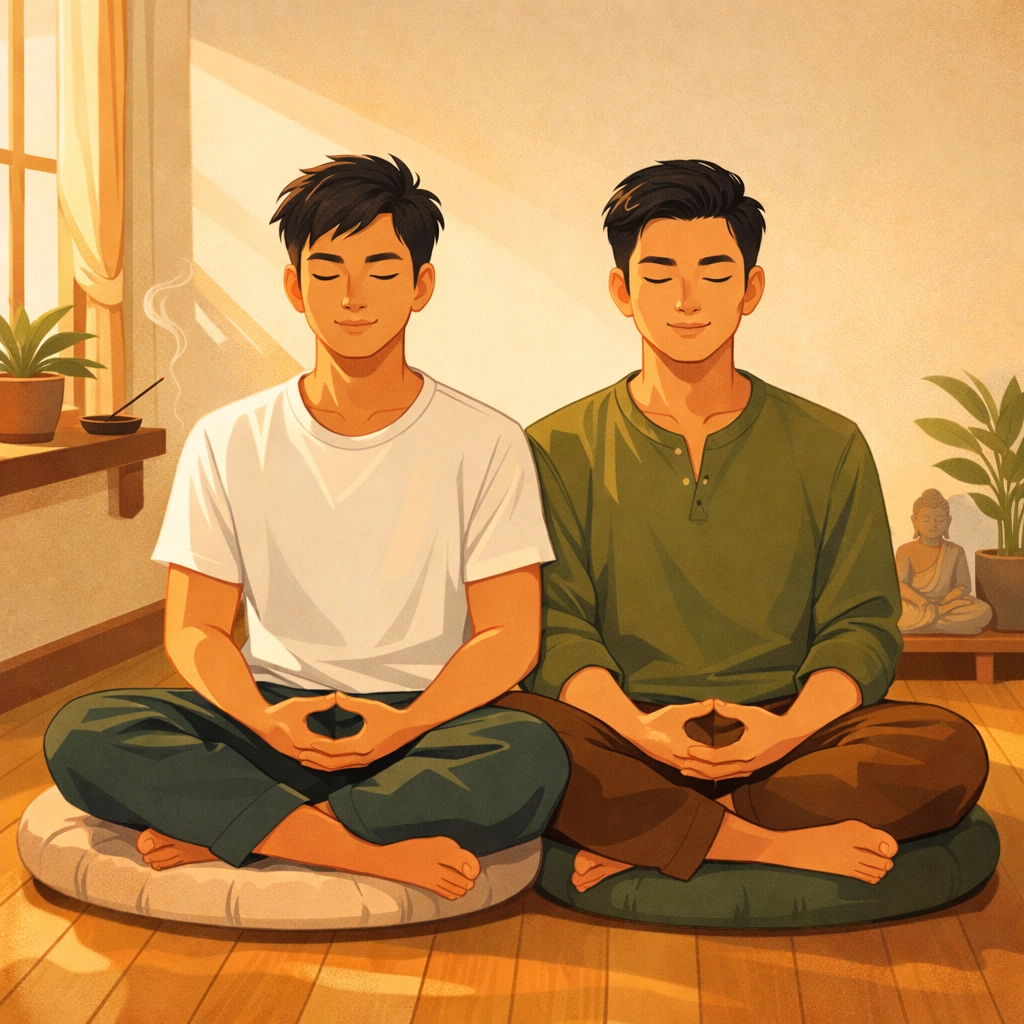 Two gay men practicing Buddhist meditation together in Vietnamese home