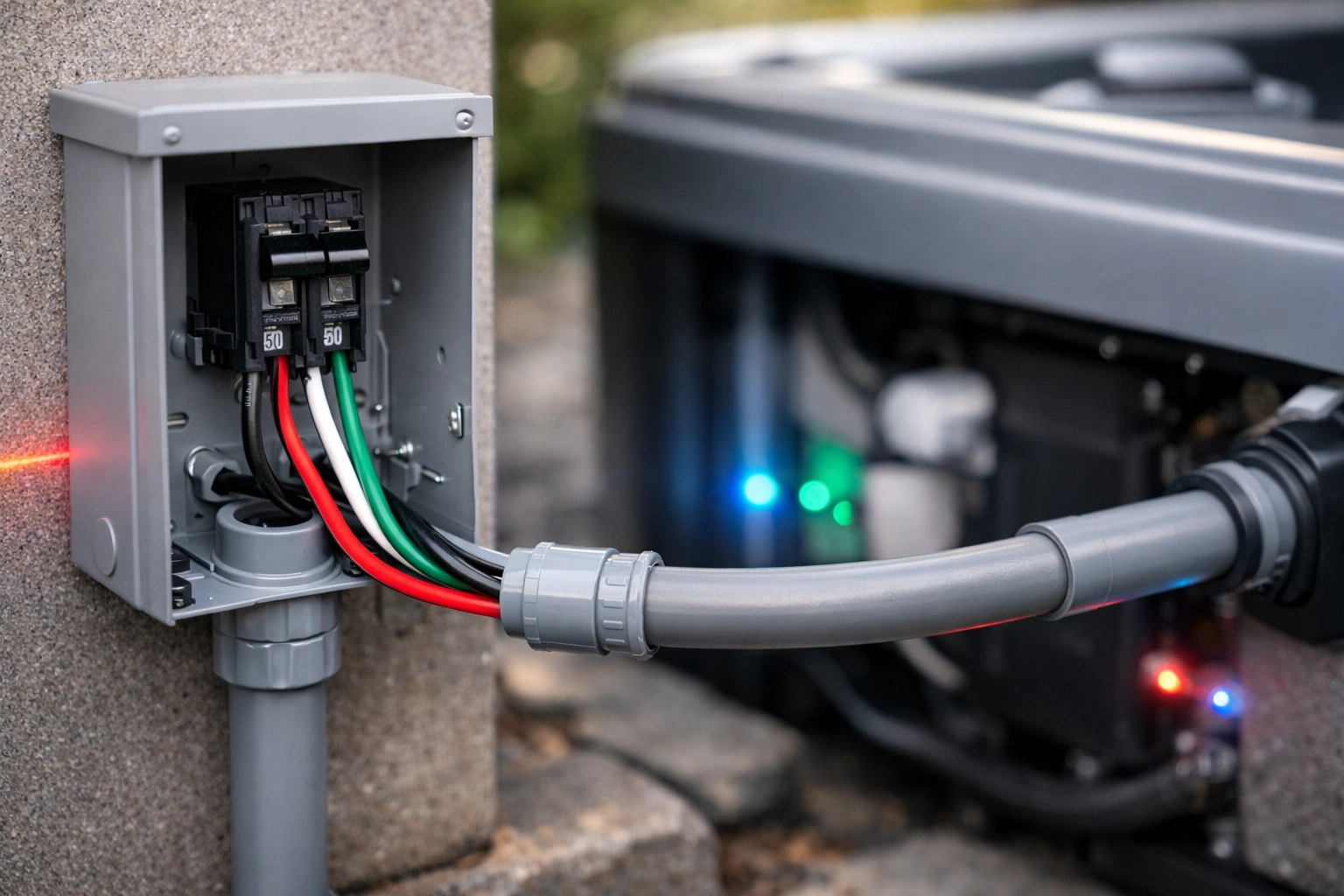 Professional hot tub wiring installation showing four-wire circuit with disconnect box and conduit