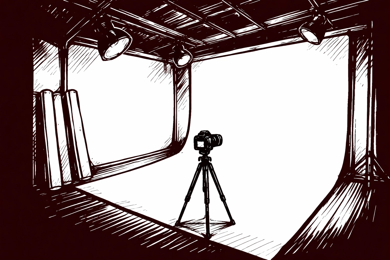 Cyclorama studio with camera setup highlights IncluHub's professional space for photographers to grow and collaborate.