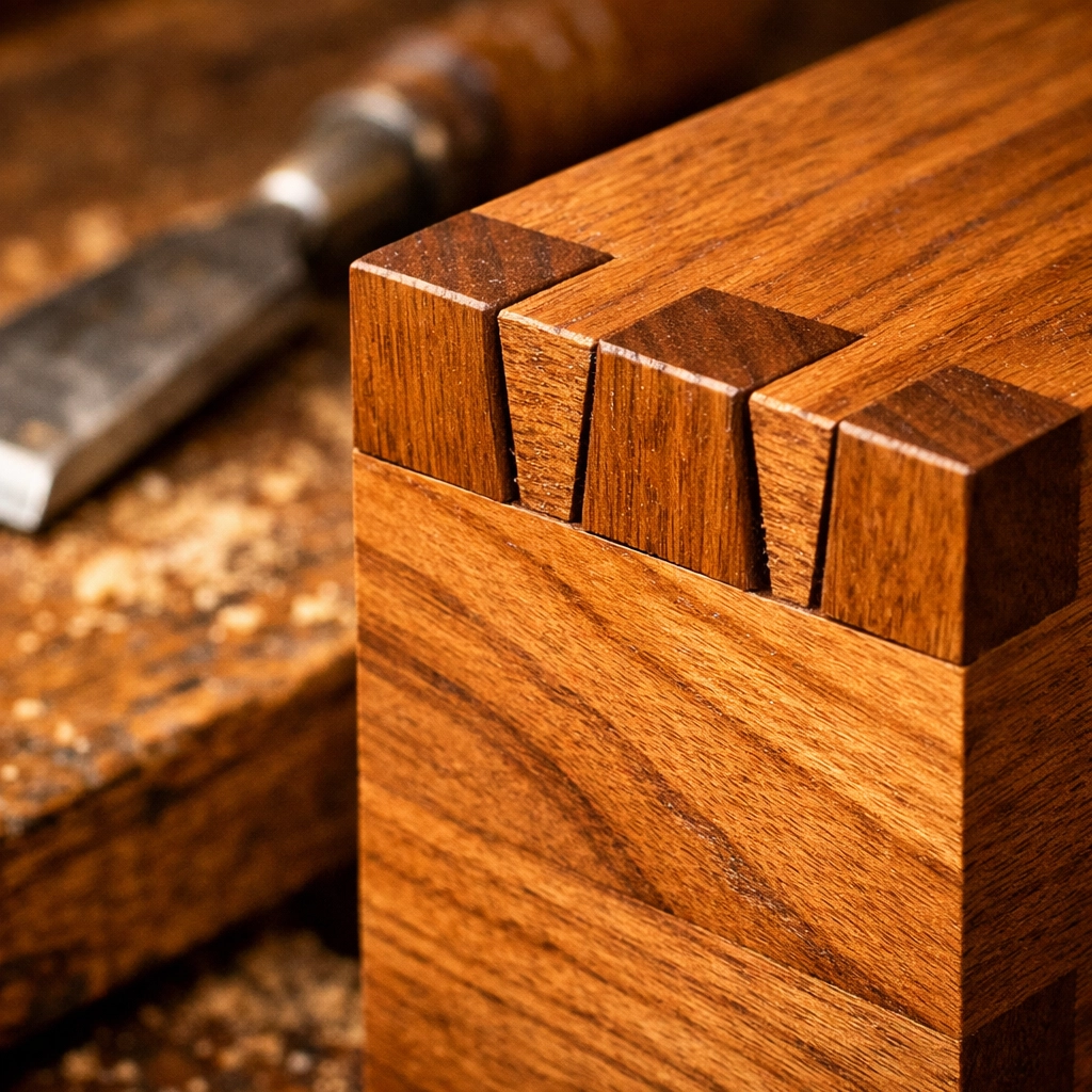 Close-up of a handcrafted dovetail joint in solid wood, showcasing durable artisan joinery and traditional craftsmanship.
