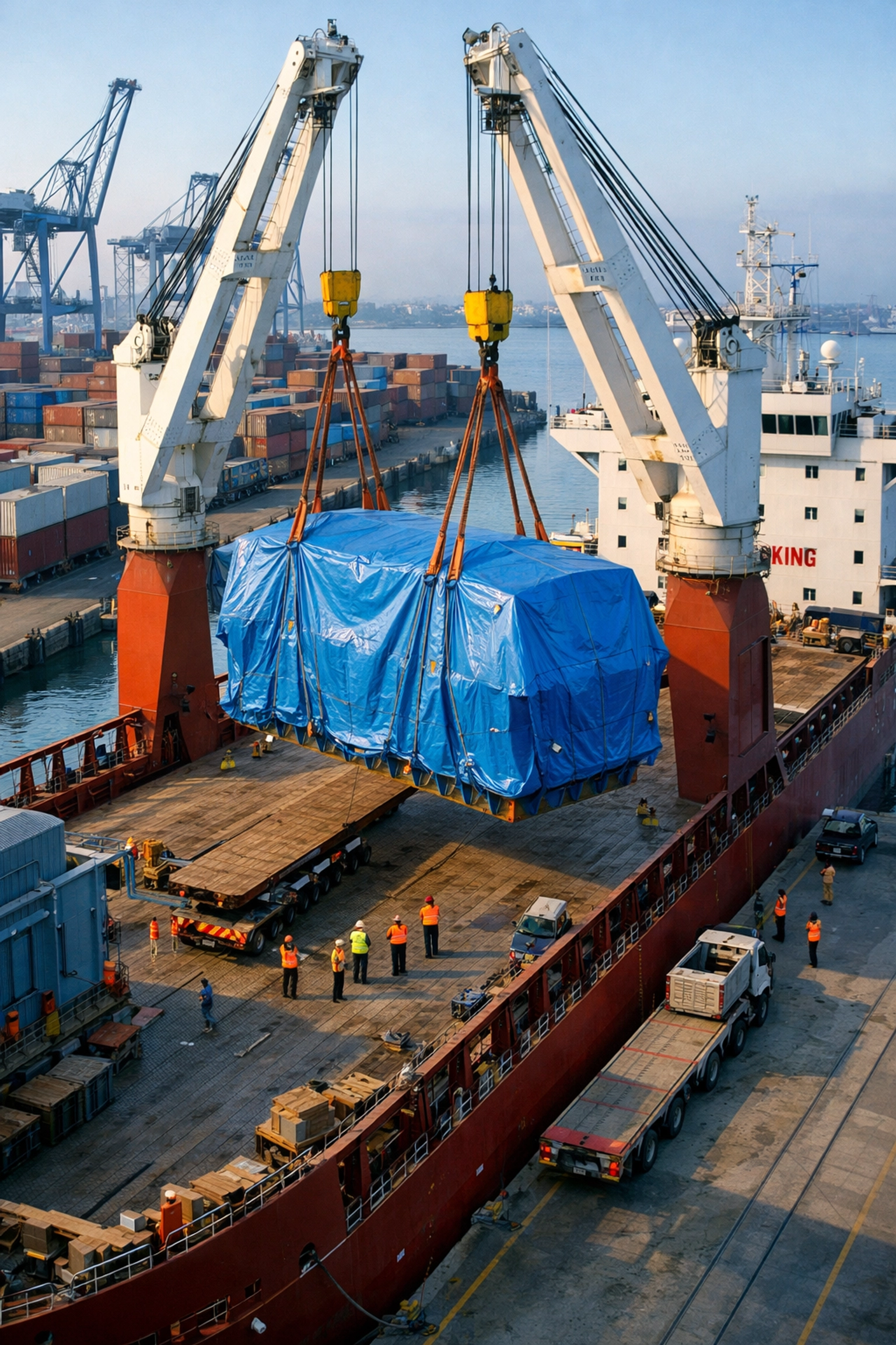 Heavy-lift cargo ship with cranes loading industrial transformer at UK port facility