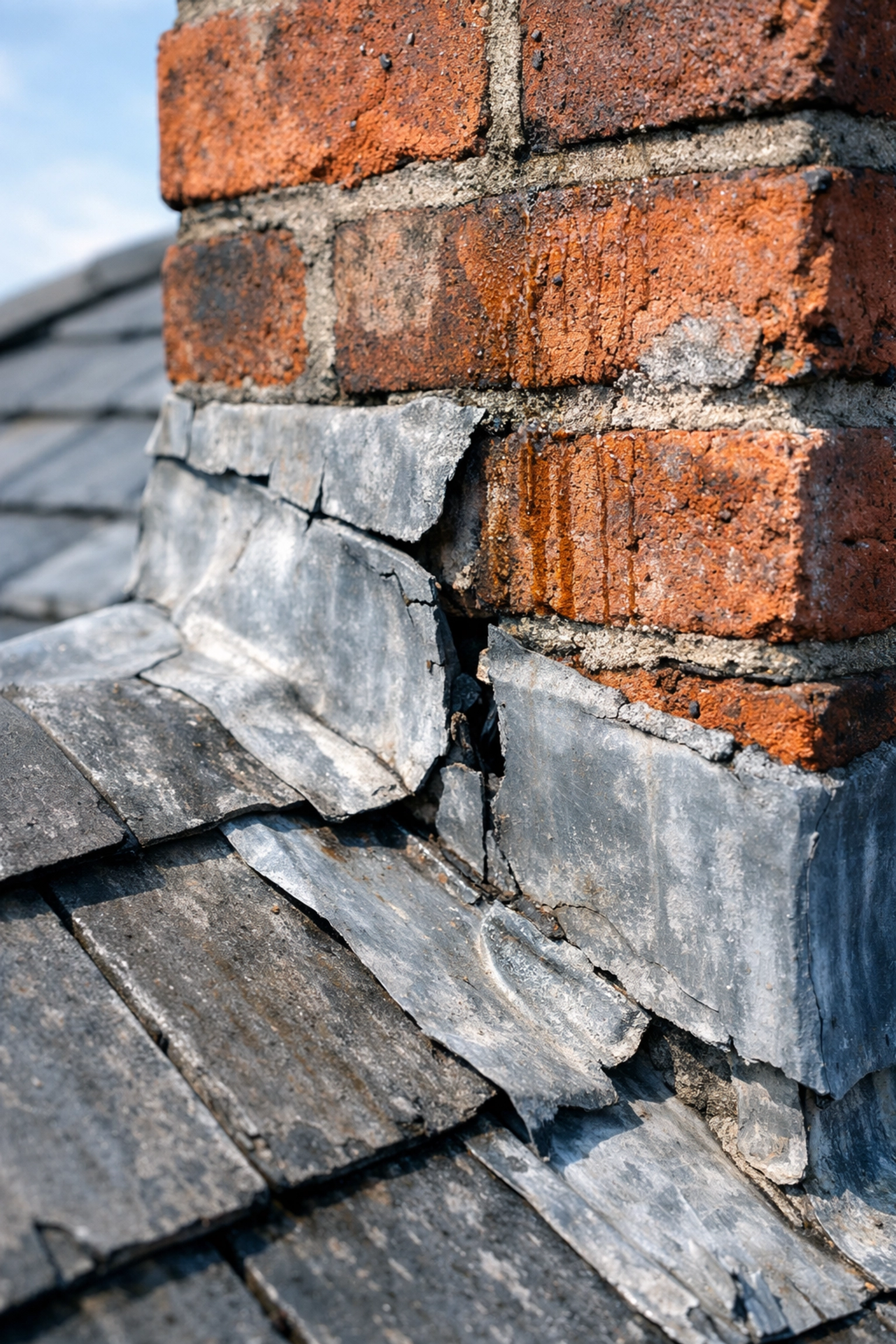 Damaged lead flashing around Belfast roof chimney showing cracks and water damage