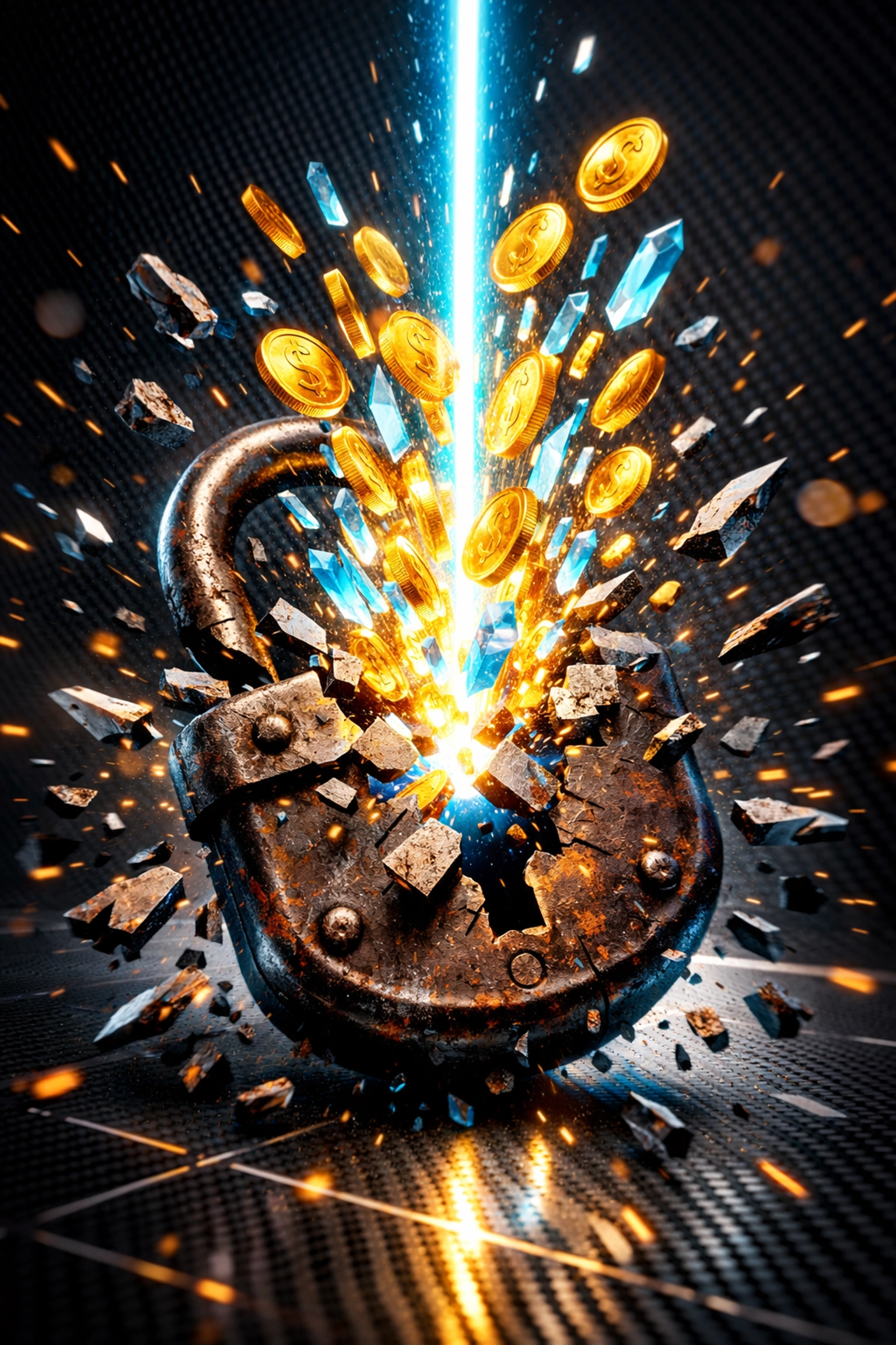 A shattered lock releasing coins, representing how Larecoin helps merchants reduce fees and reclaim business profits.