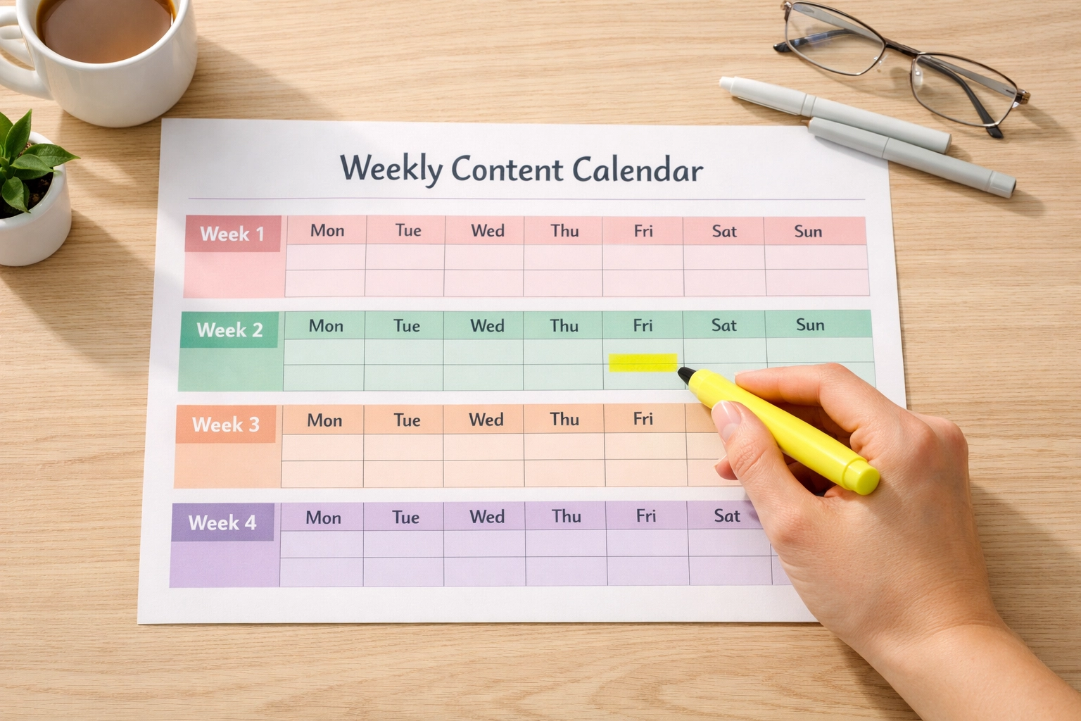 Color-coded 4-week content calendar being planned with highlighter on wooden desk
