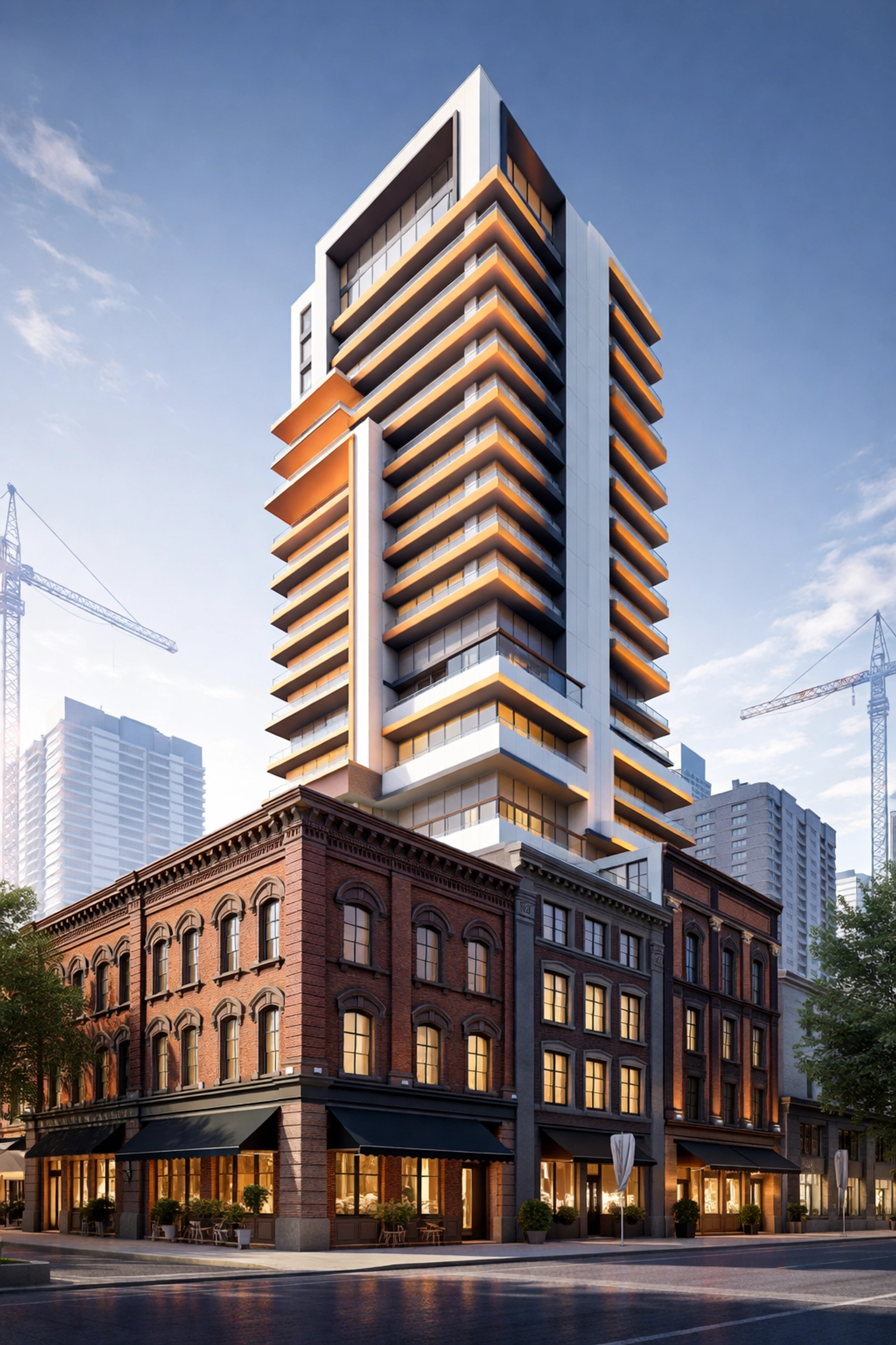 Street-level perspective of a modern condominium tower rising above preserved historic brick buildings on Bryant Street, highlighting San Francisco’s blend of historic and contemporary architecture in real estate projects.