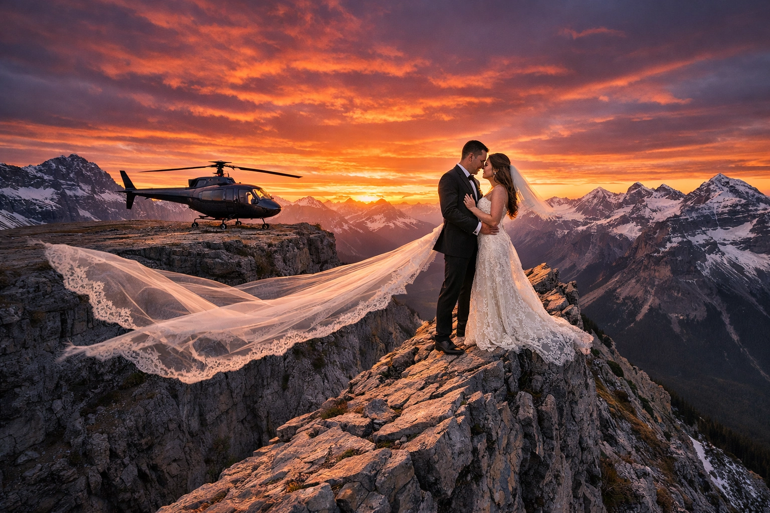 Couple on a remote mountain ridge with a helicopter during a sunset Banff elopement.