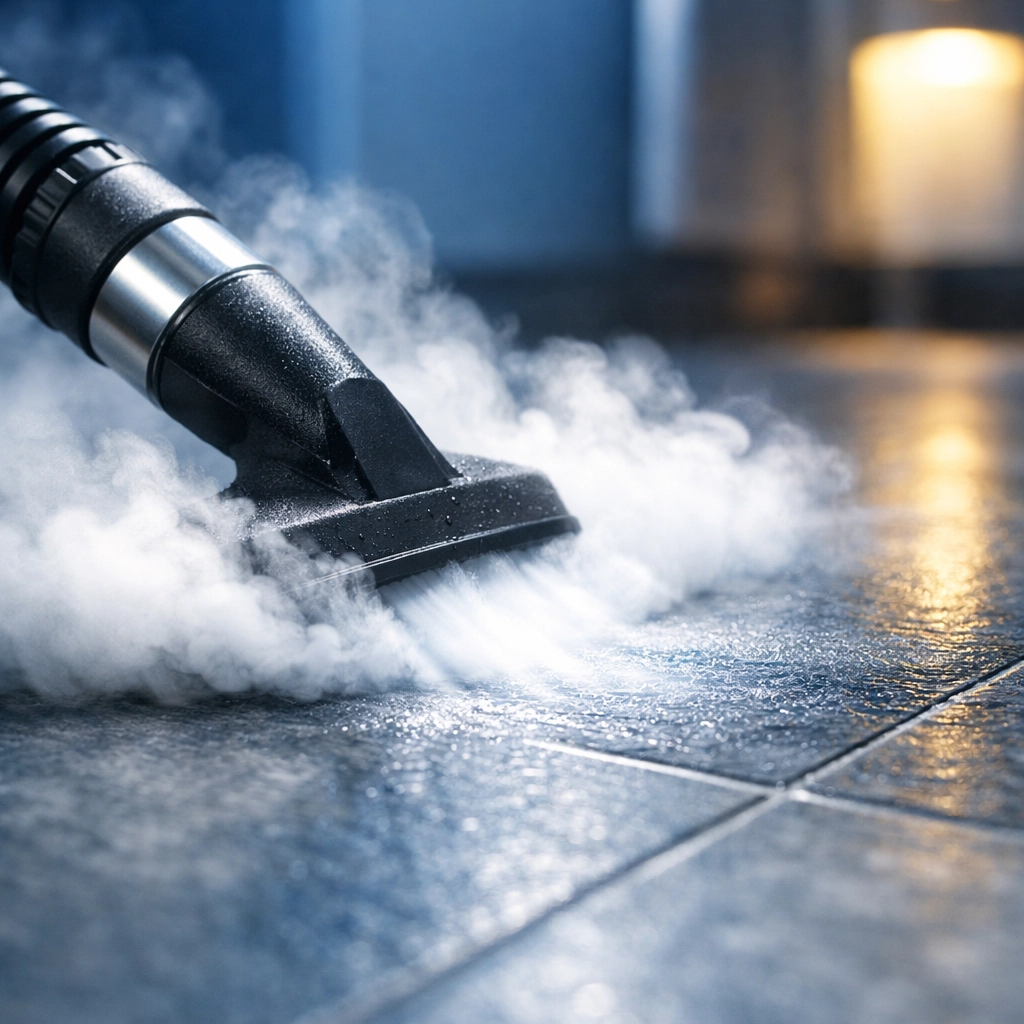 Professional steam cleaner nozzle sanitizing tile floors without chemicals to kill germs.
