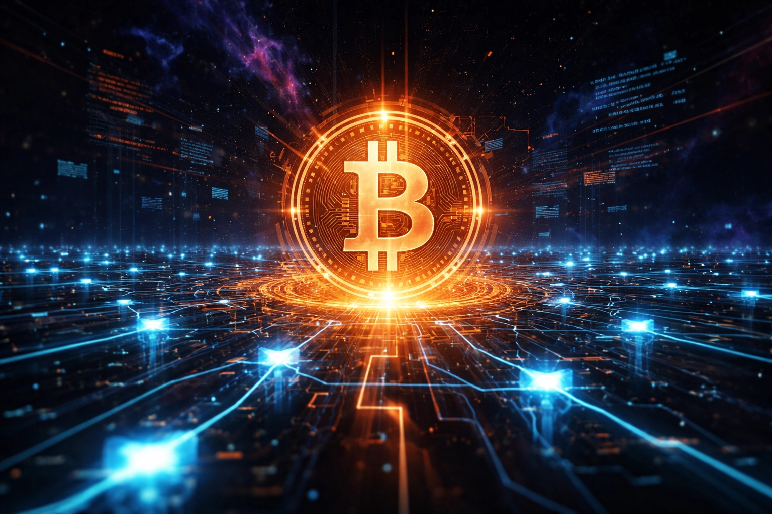 Glowing Bitcoin symbol connected to blockchain network representing digital asset integration in diversified investment portfolios