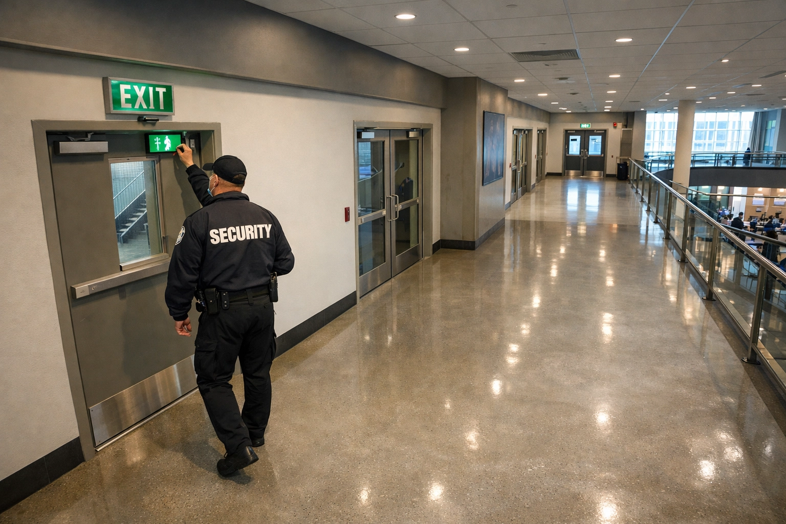Security guard inspecting event venue corridor and emergency exit points