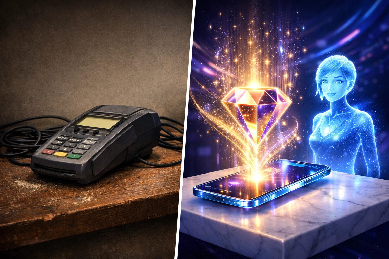 Traditional card terminal vs futuristic Larecoin AI-powered checkout featuring digital NFT receipts.