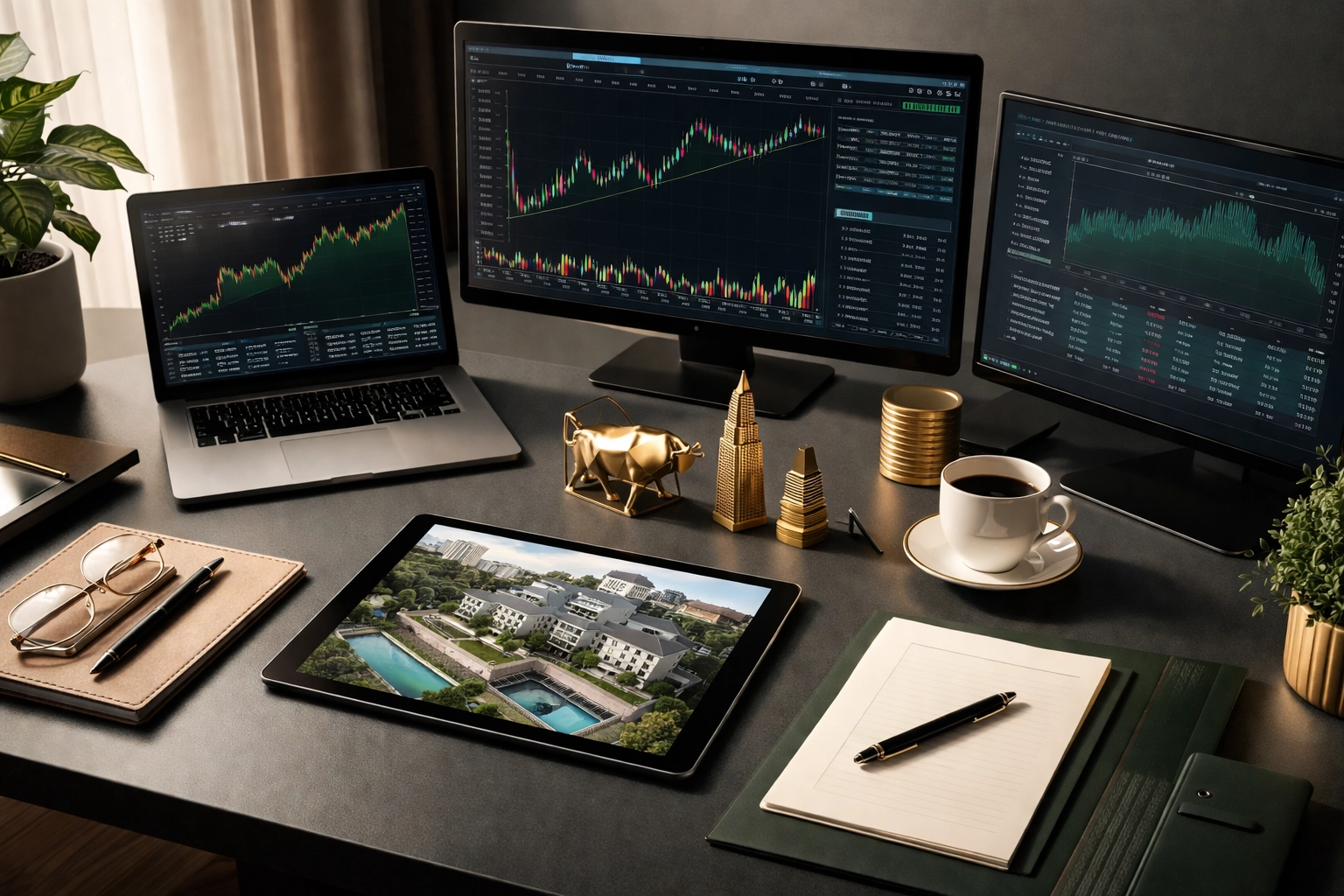 Modern investor workspace displaying diverse asset charts and real estate images, symbolizing sector and strategy diversification.