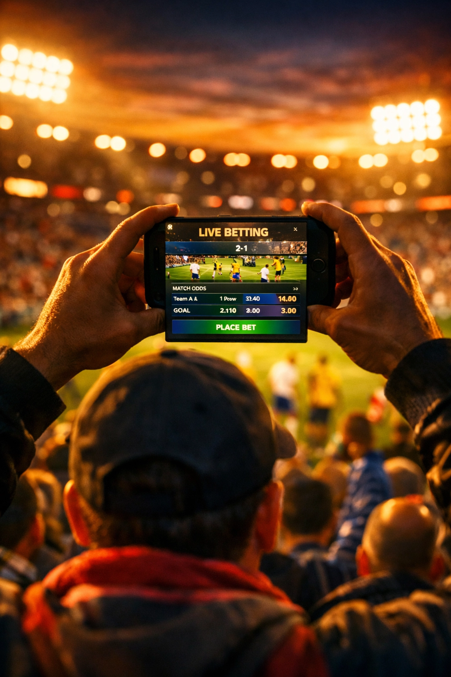 Live sports betting on mobile phone during stadium game with real-time odds and engagement