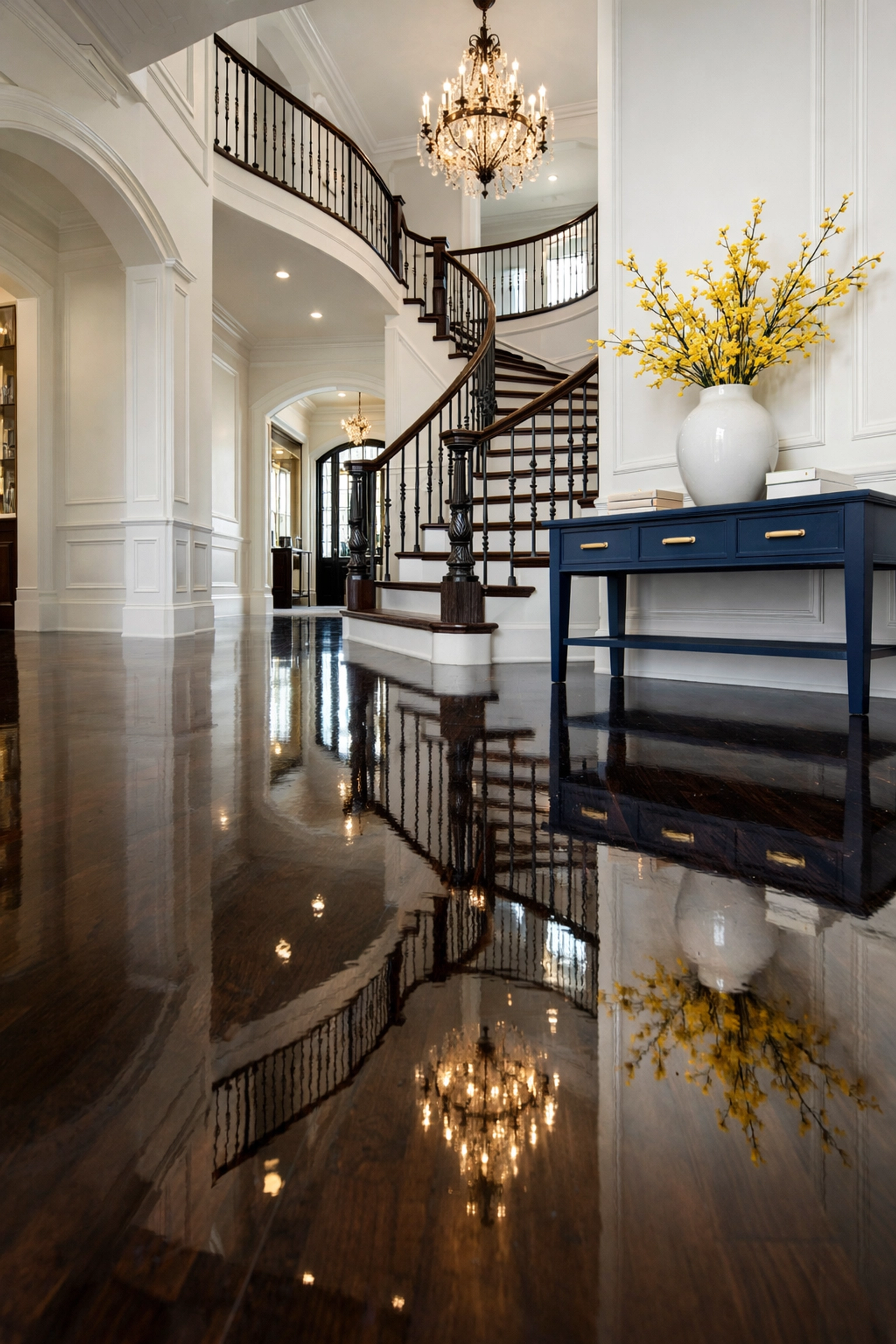 Flawless grand entryway in Needham with polished wood floors after a luxury cleaning service.