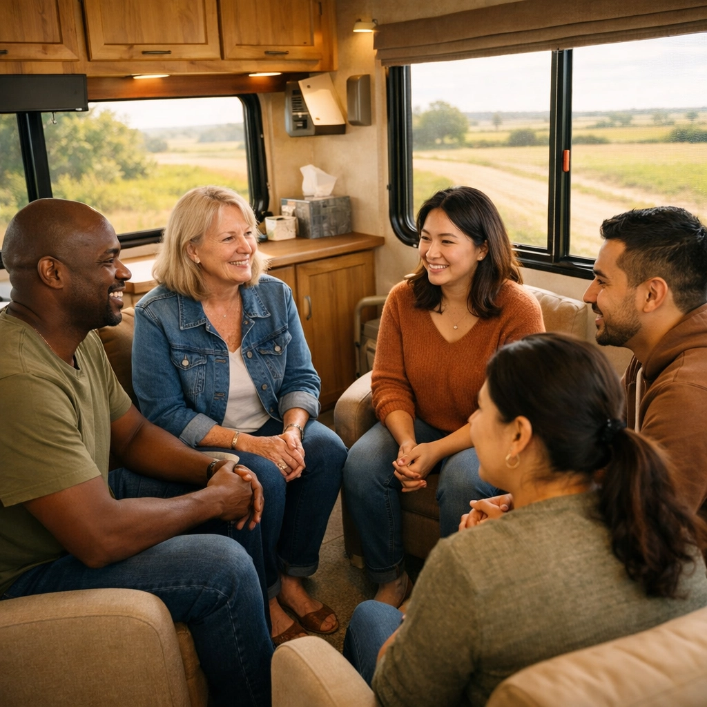 Peer support group session inside mobile behavioral health clinic in rural NC