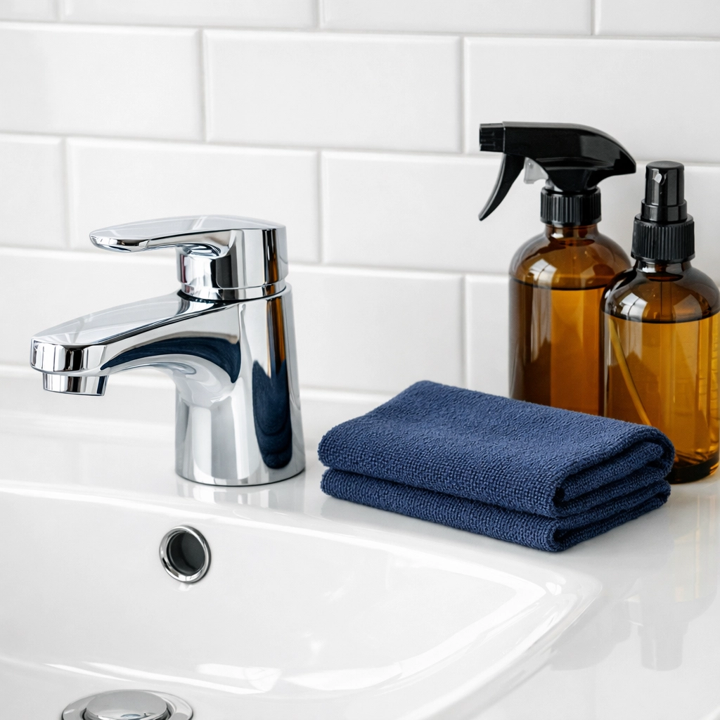 Eco-friendly house cleaning MA supplies on a sparkling clean bathroom vanity with polished chrome fixtures.