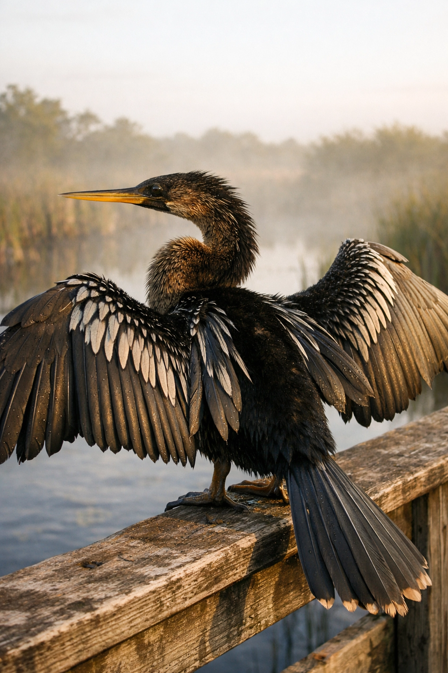 Anhinga bird drying its wings on a railing at Anhinga Trail in Everglades National Park.
