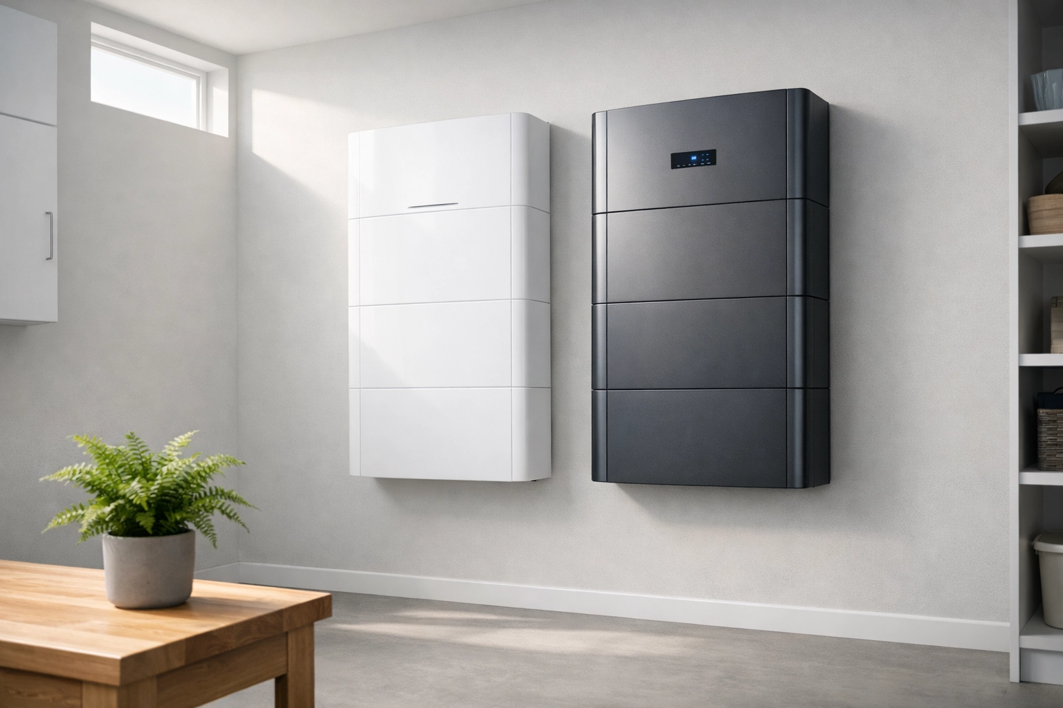 Modern Tesla Powerwall and GivEnergy battery units installed in a clean, minimalist home utility room.