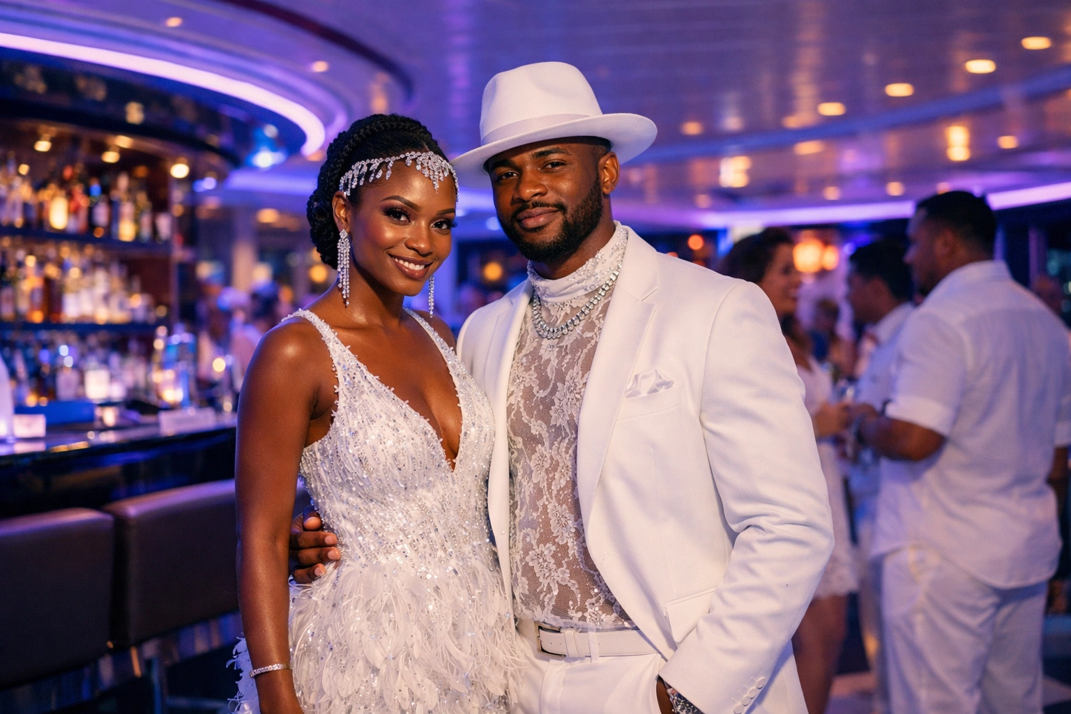 Stylish couple at a cruise themed party, prepared by an expert Lifestyle Cruises travel agent.