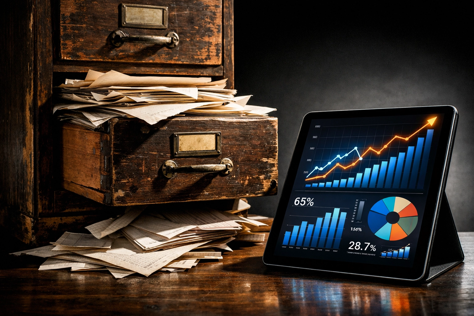 Old filing cabinet versus modern tablet showing contrast between rigid and adaptive family office governance