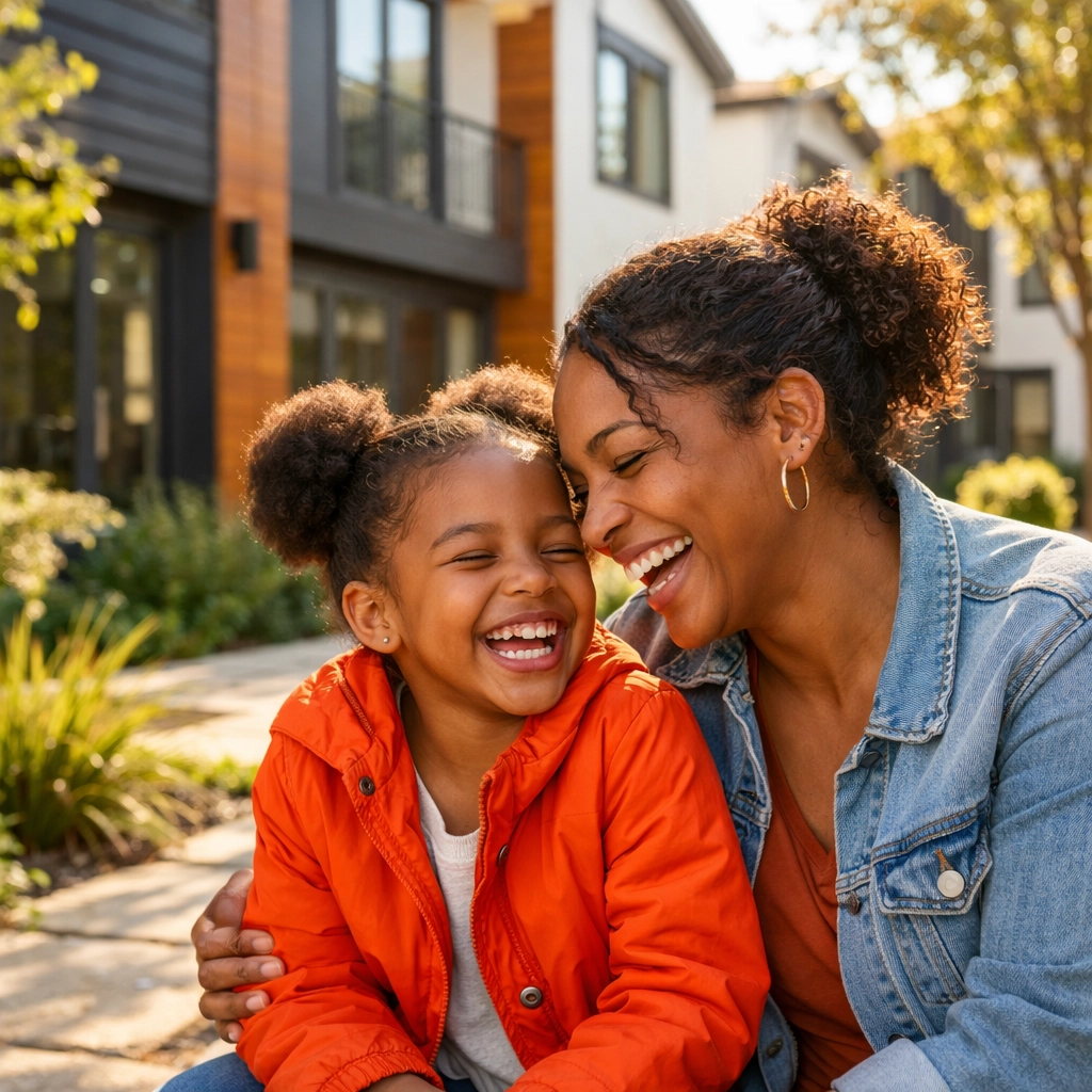 A family in a modern courtyard showing the community impact of affordable housing development support.