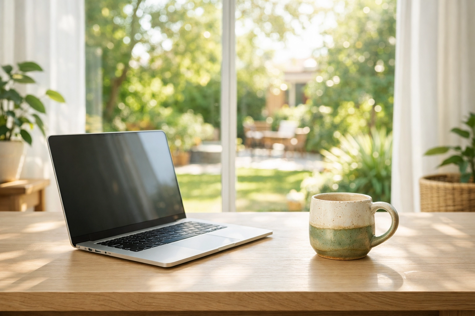 A bright, peaceful home office workspace reflecting the trust and transparency of privacy-first web design.