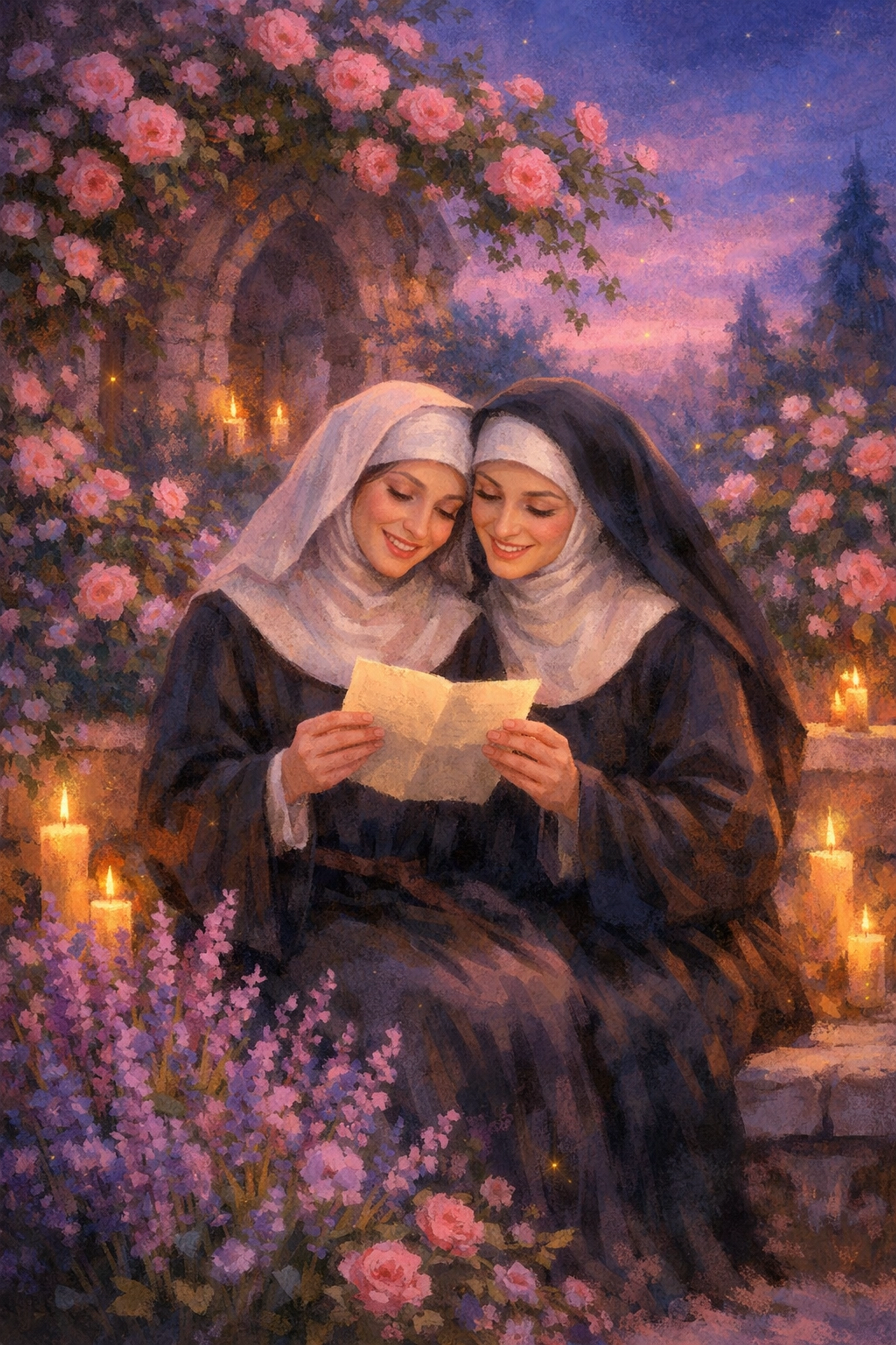 Two medieval nuns reading love letter together in monastery garden - hidden LGBTQ+ history